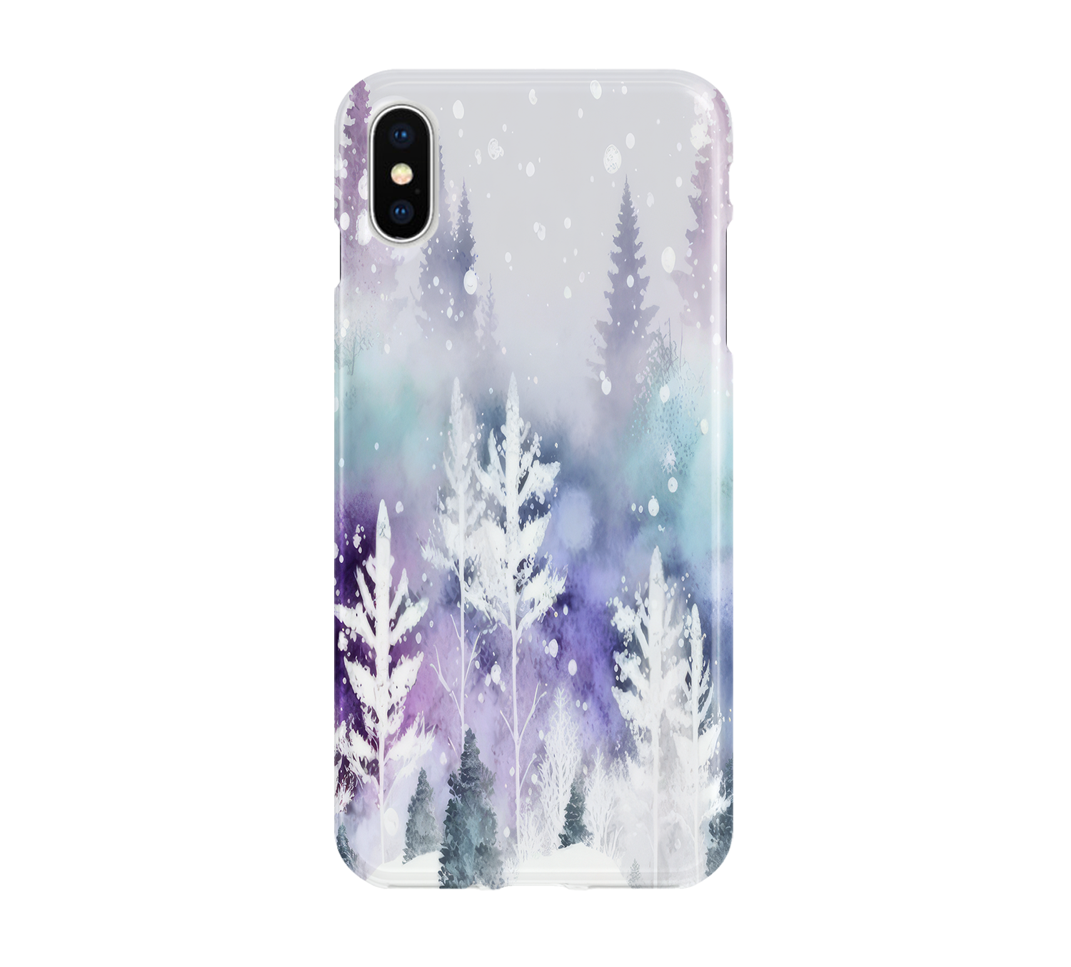 Phone case with winter forest design on a white background