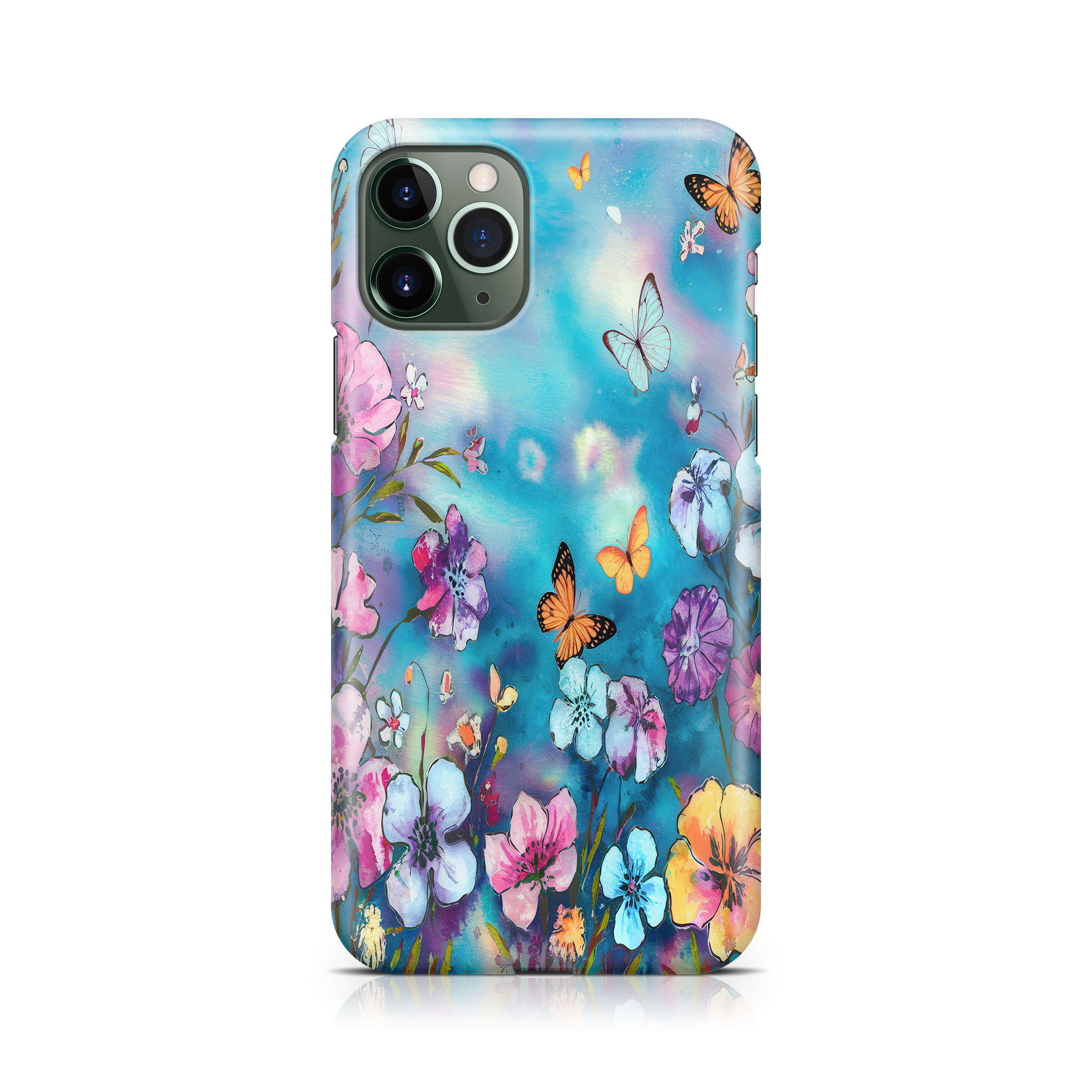 Phone case with colorful floral and butterfly design on a white background