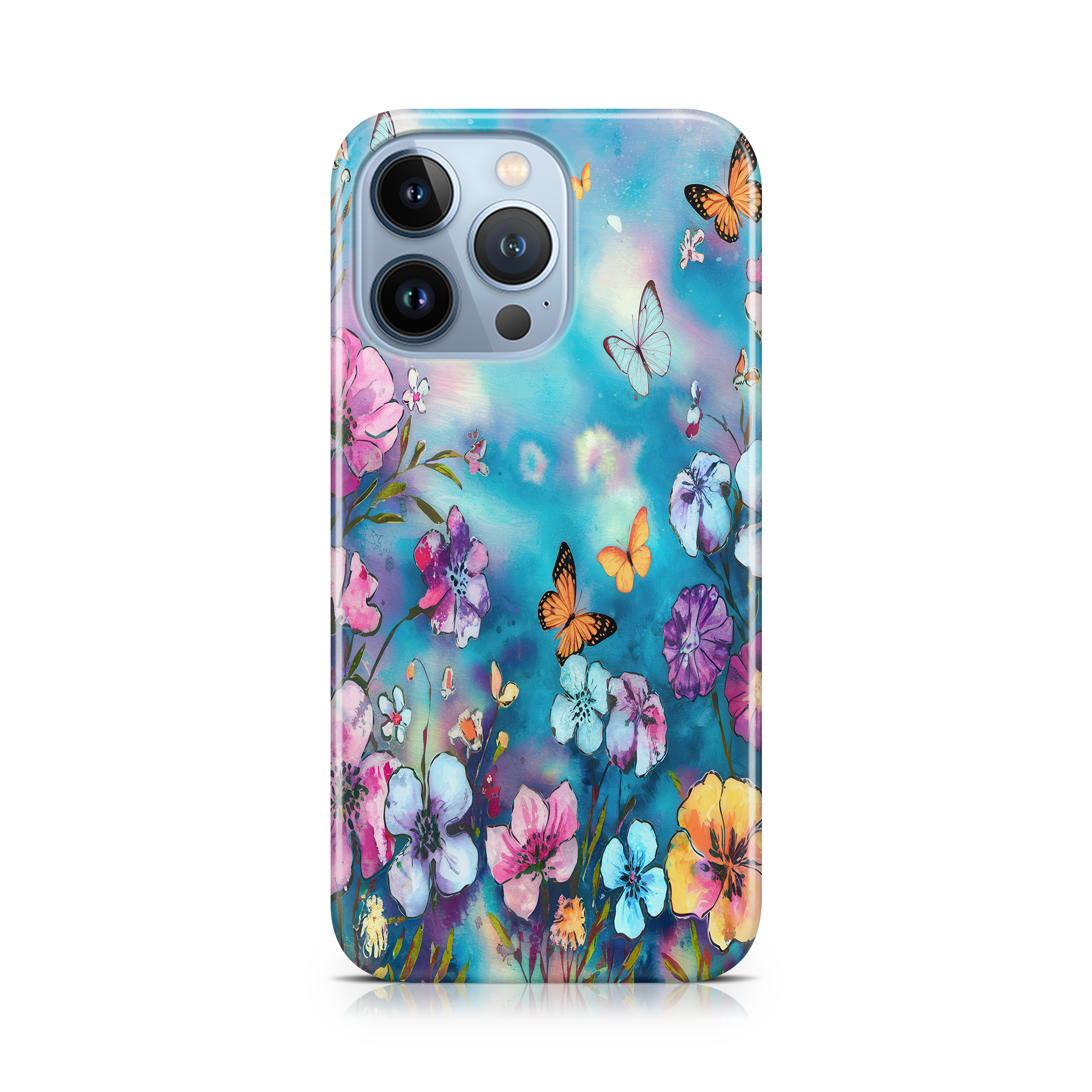 Phone case with colorful floral and butterfly design on a white background
