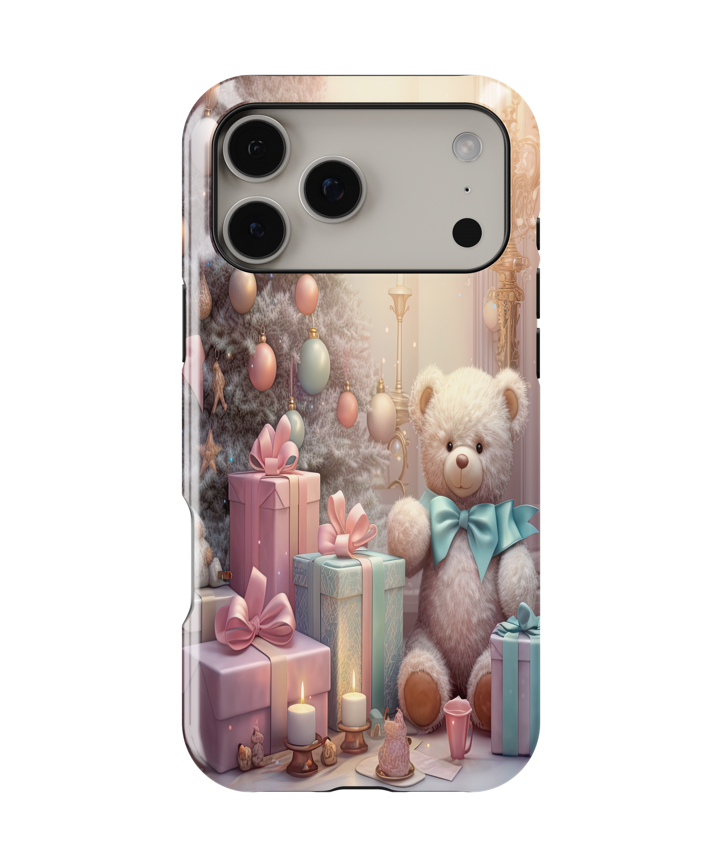 Phone case with a teddy bear and gift boxes design on a white background