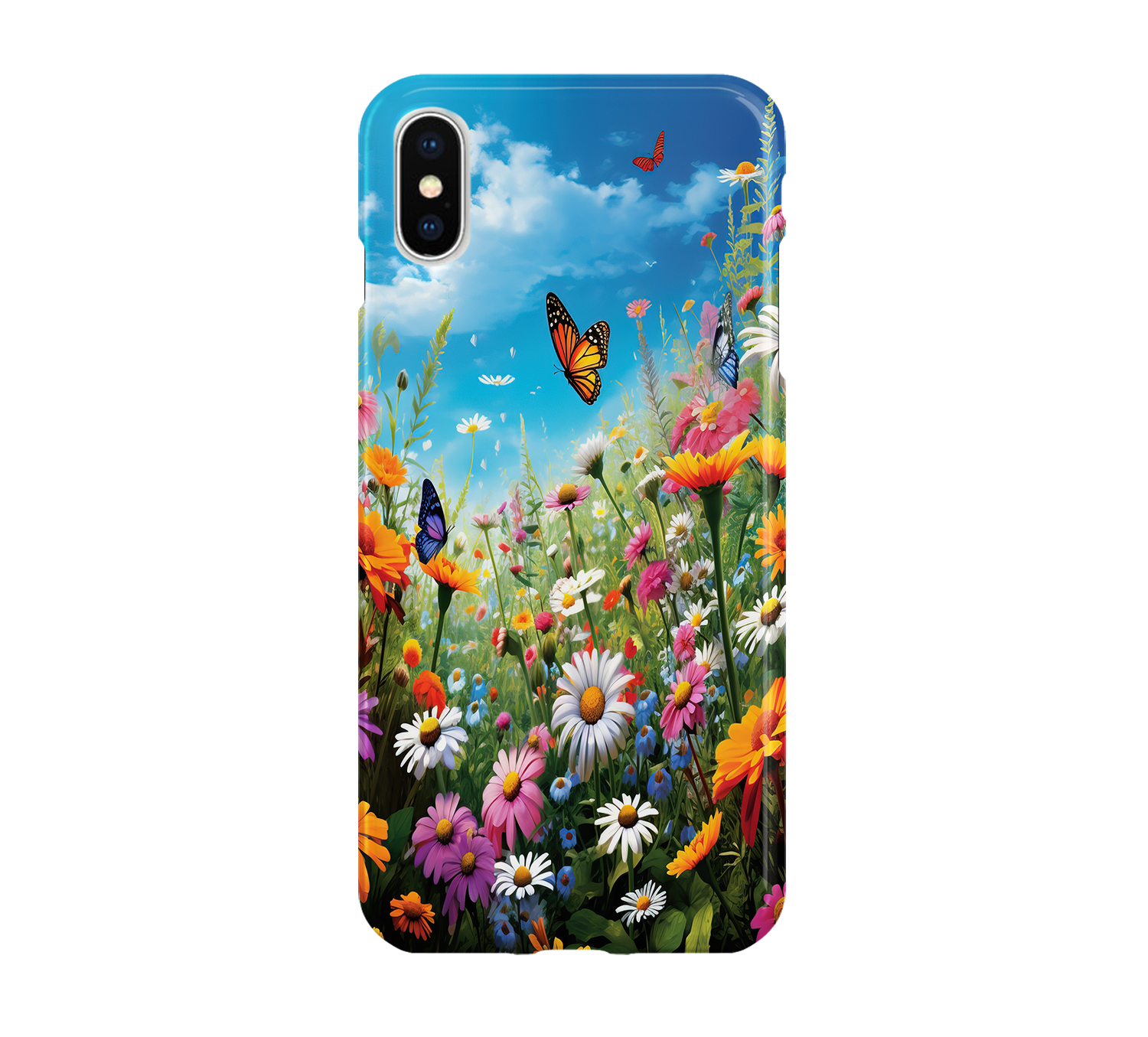 Phone case with a colorful floral design and butterflies on a white background