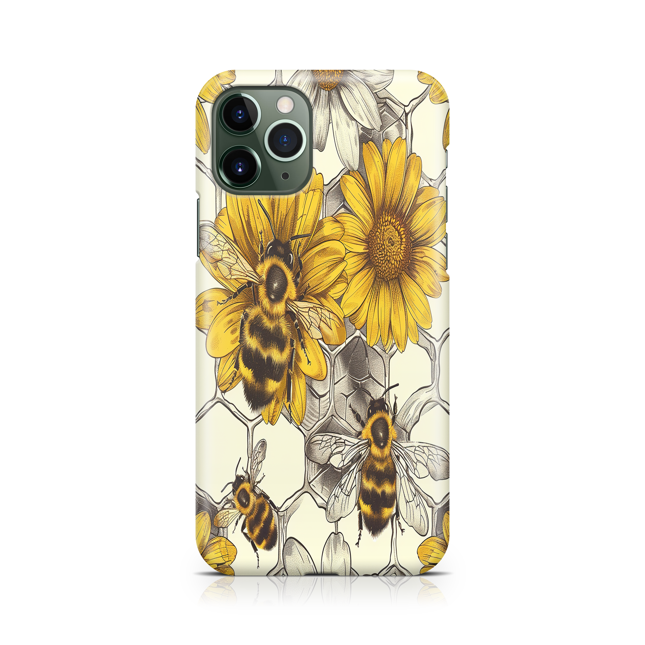 Phone case with bee and sunflower design on a white background