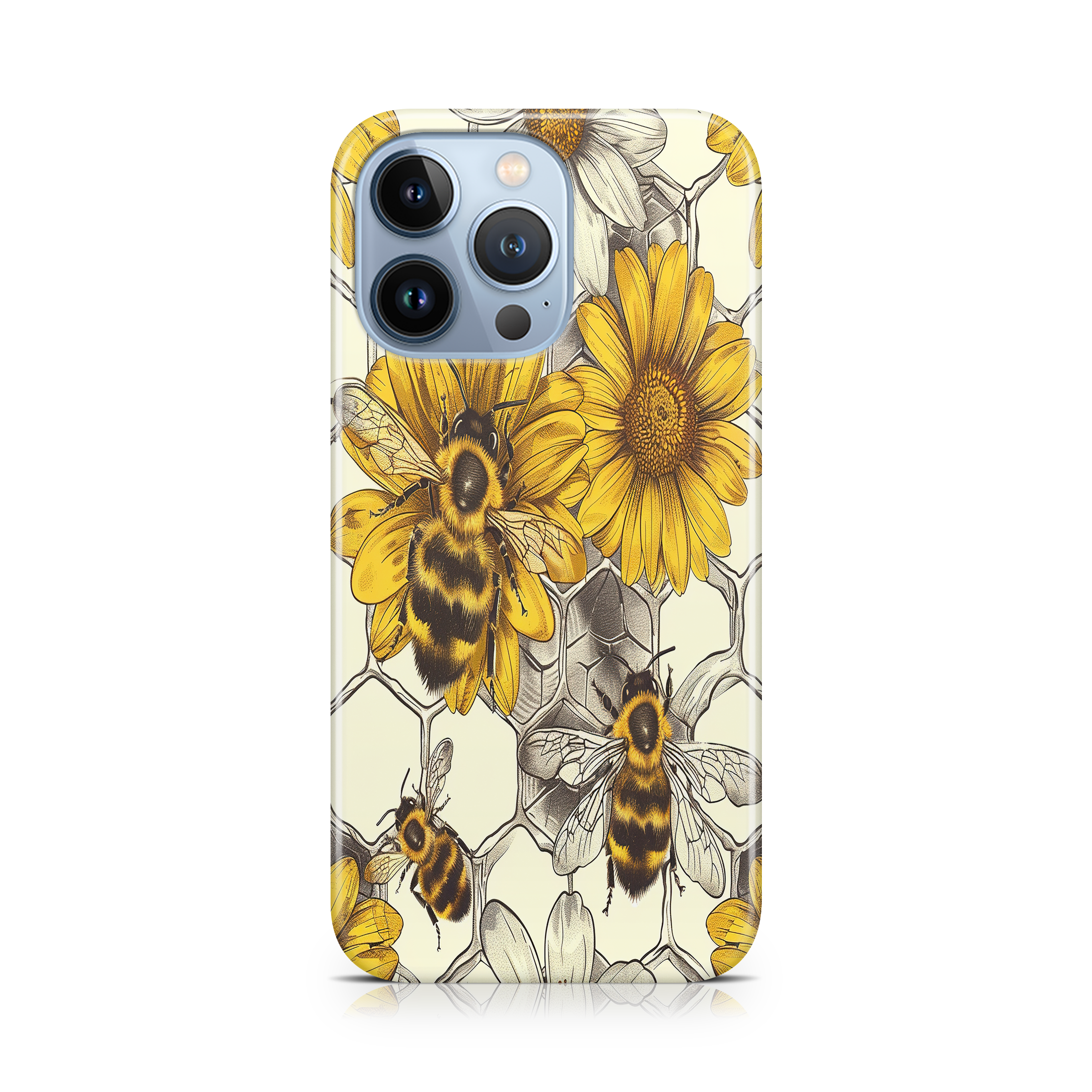 Phone case with bee and sunflower design on a white background