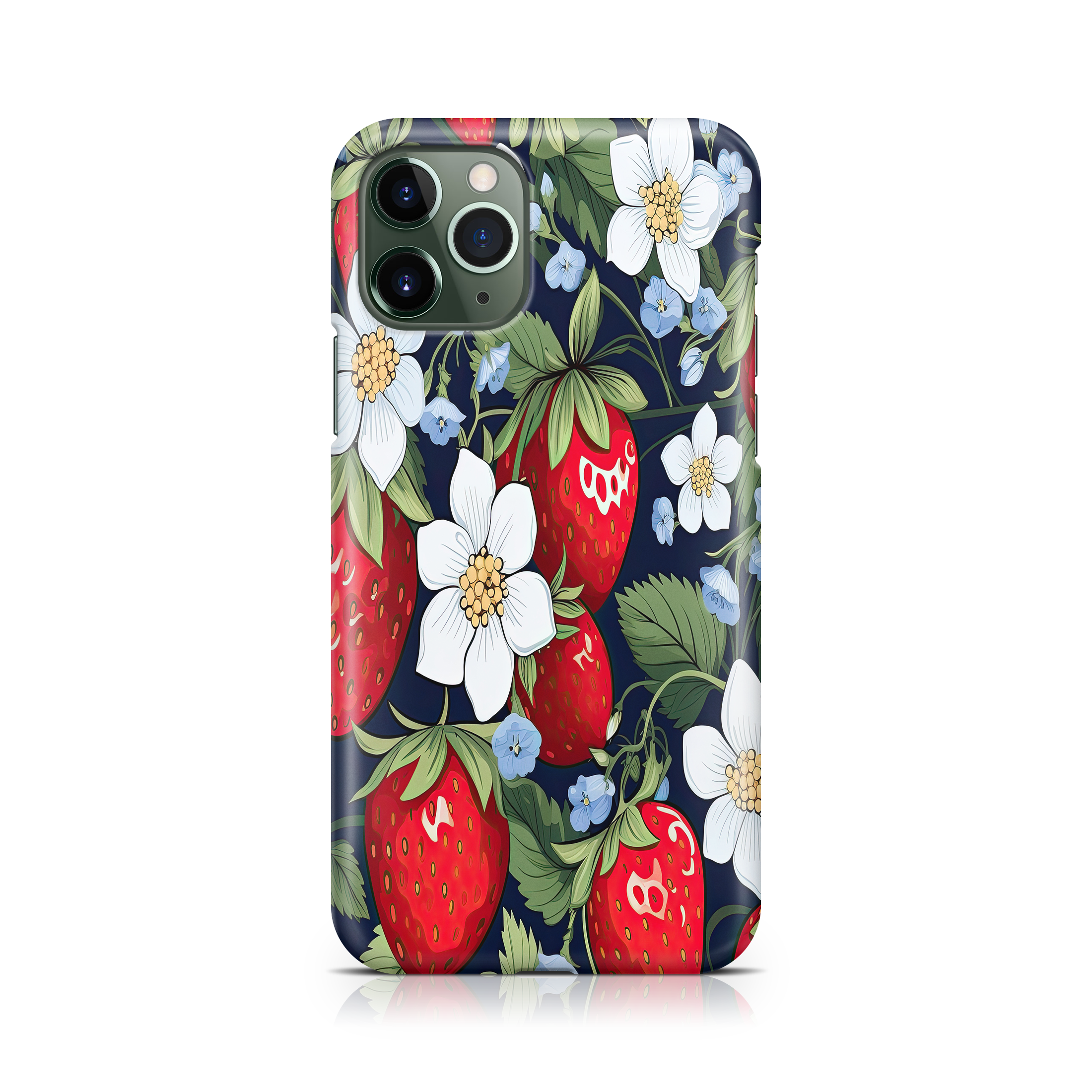 Phone case with strawberry and floral design on a dark background
