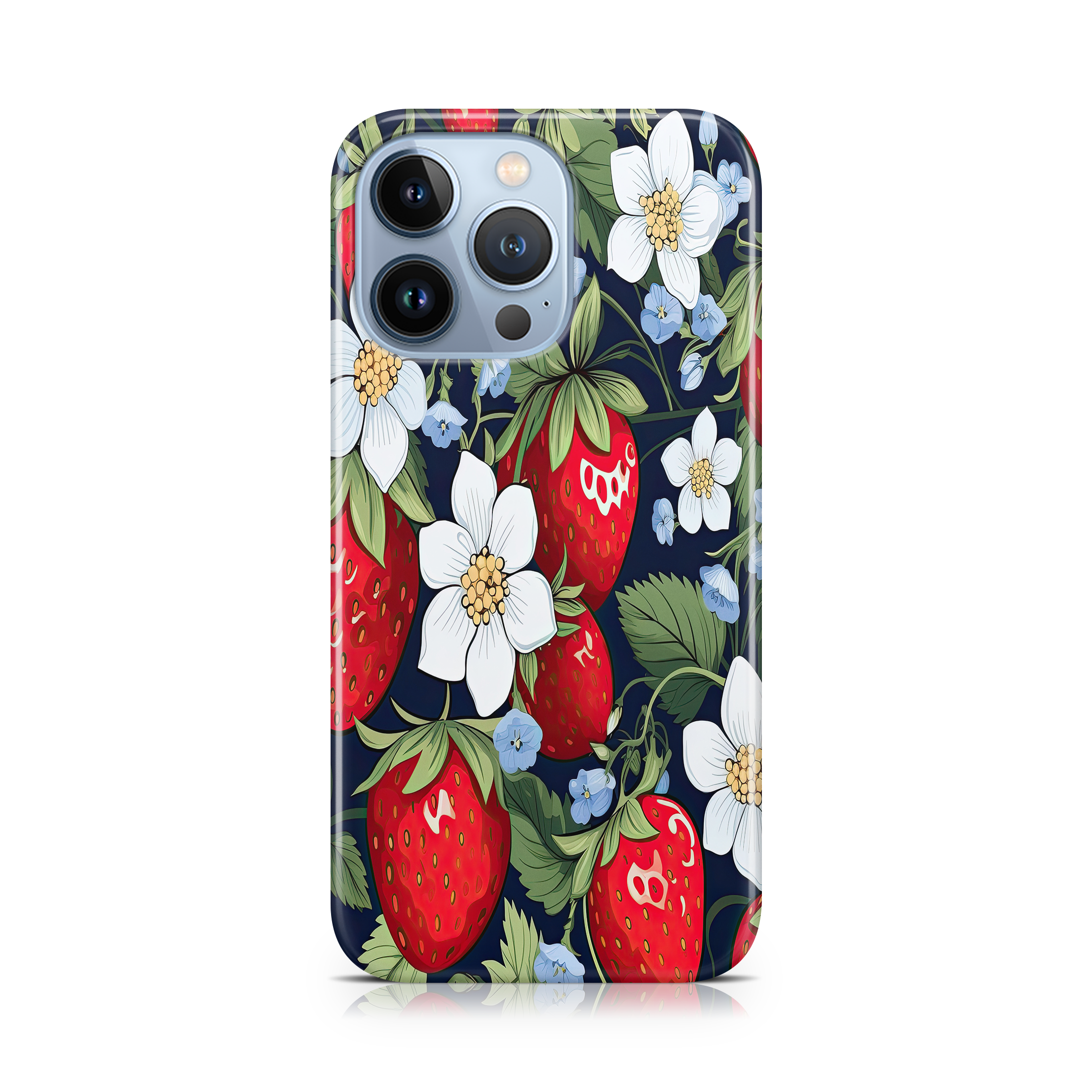 Phone case with strawberry and floral design on a dark background