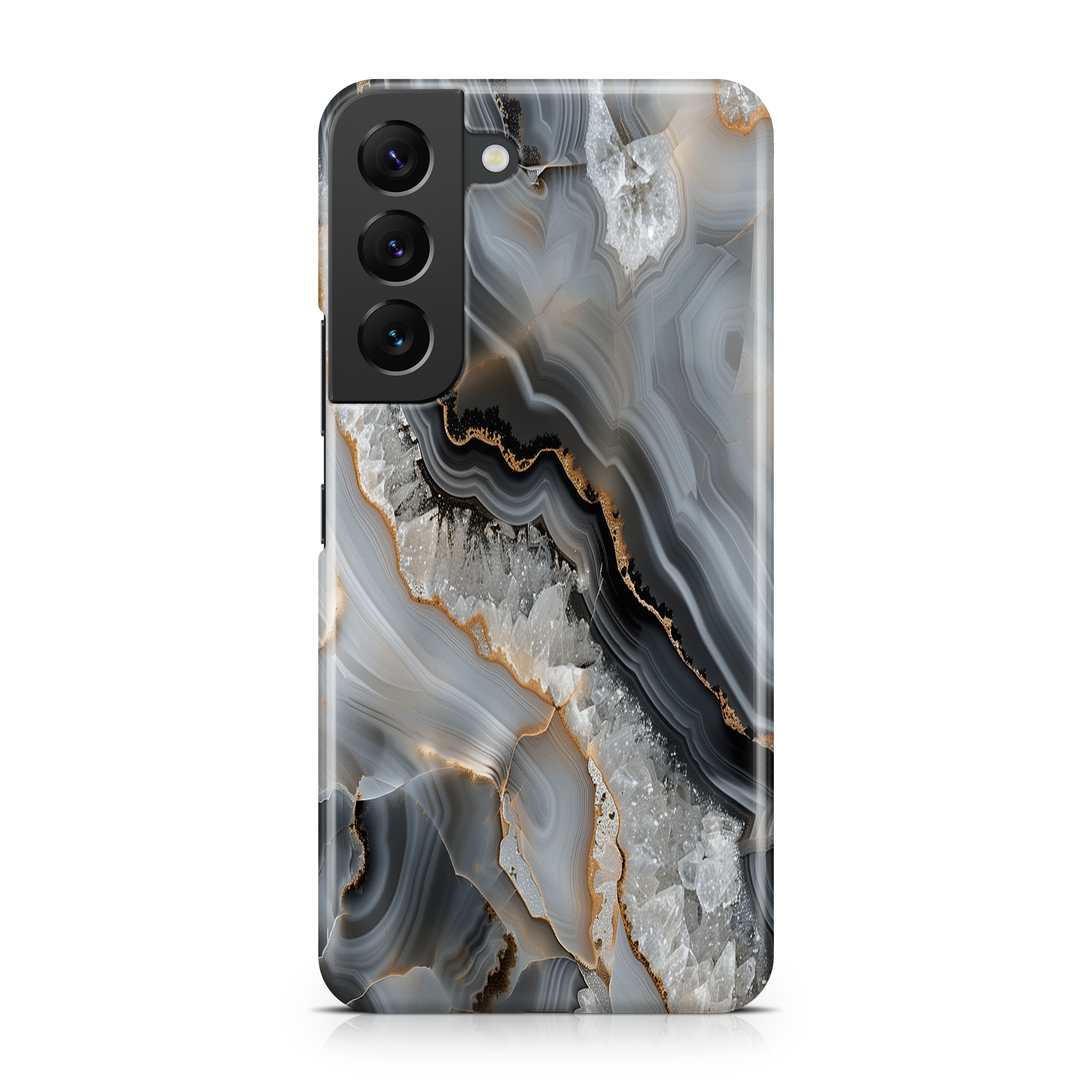 A Samsung smartphone case with a black and white marble design.