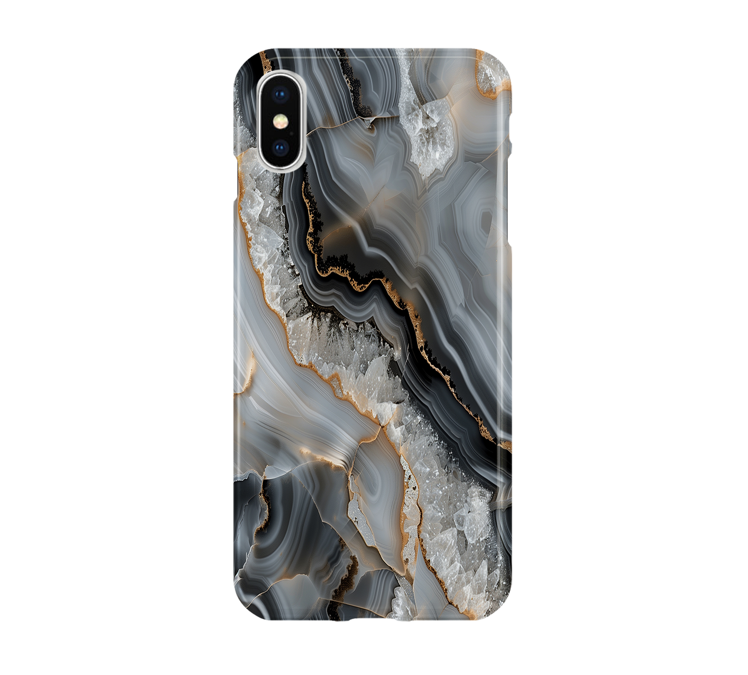 Phone case with a gray and gold agate design on a white background