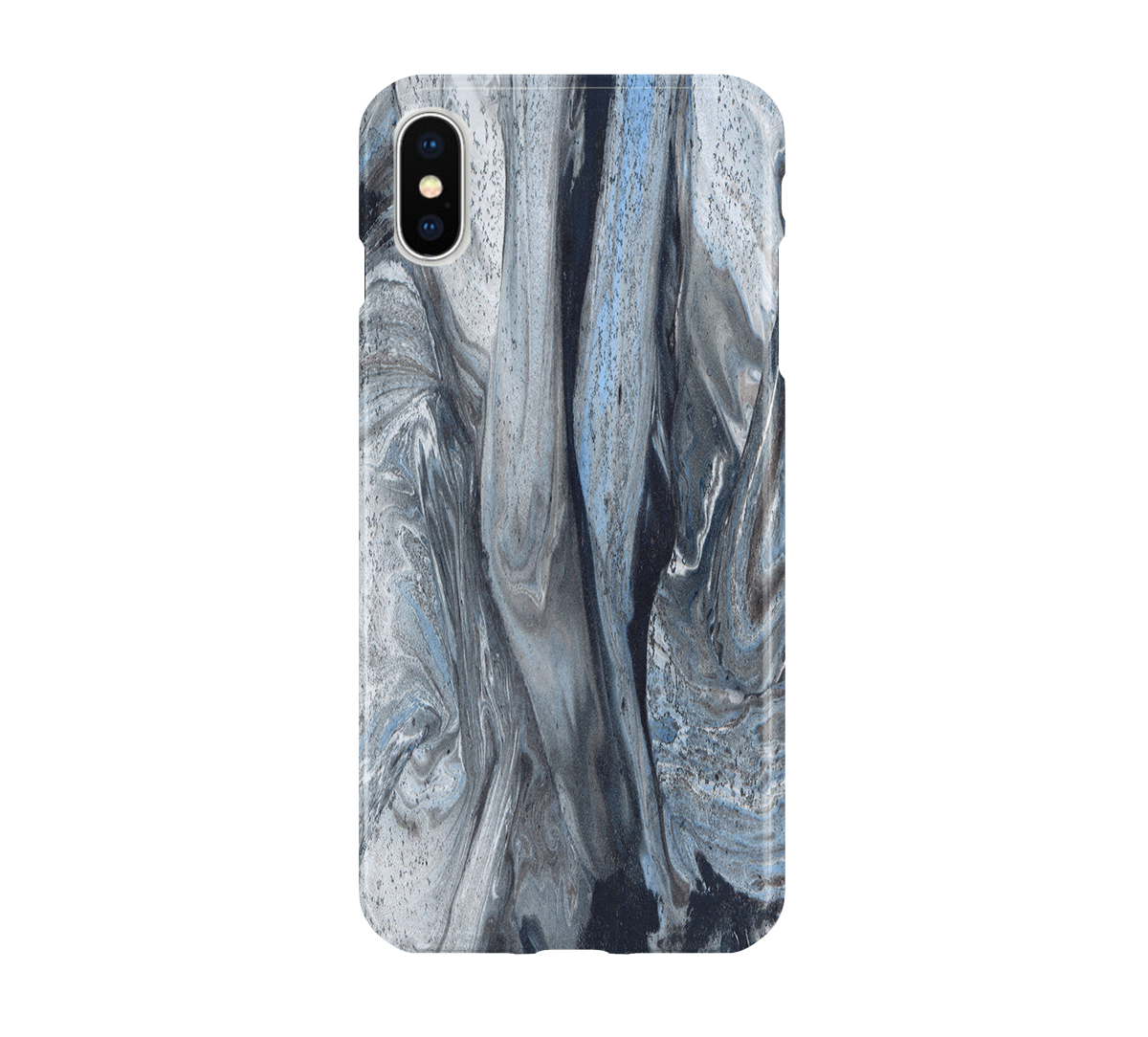 Phone case with a gray and black marble pattern on a white background