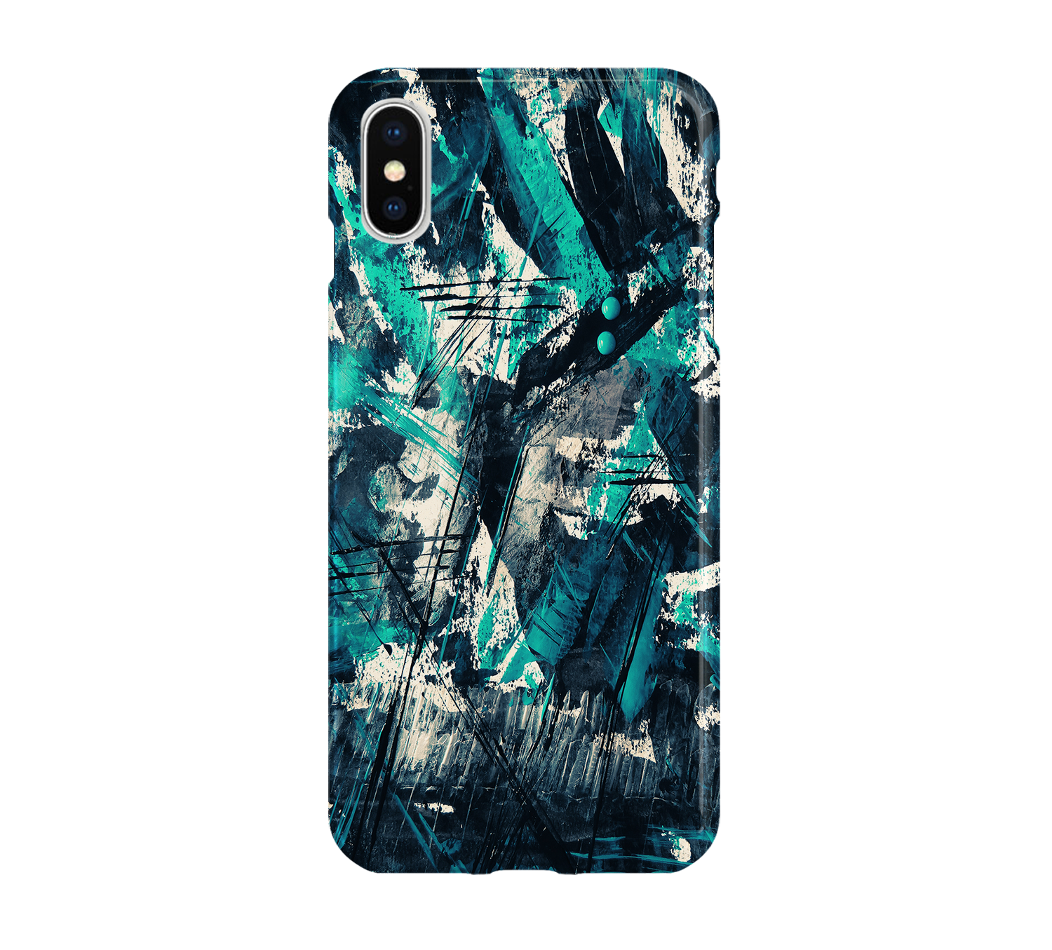 Phone case with abstract design in teal, black, and white on a white background
