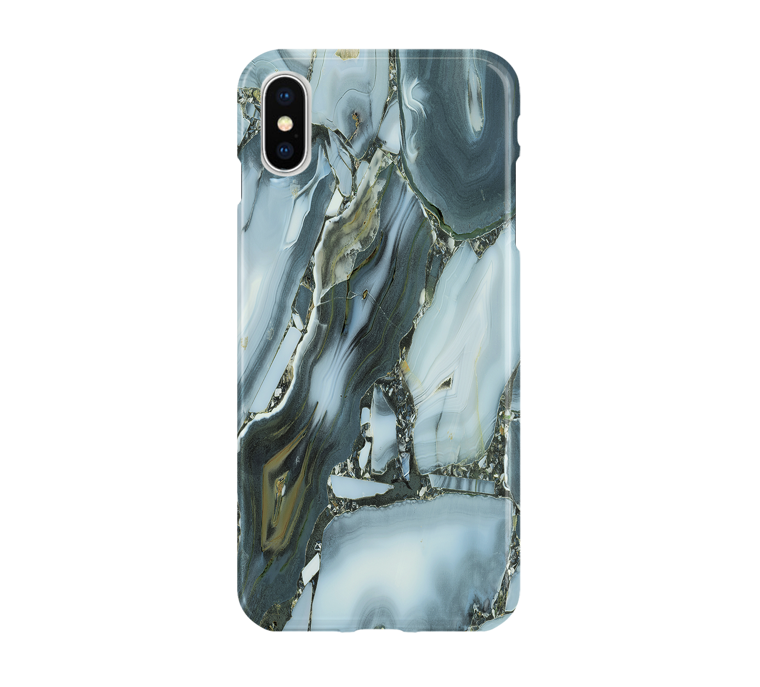 Phone case with a blue and white marbled design on a white background