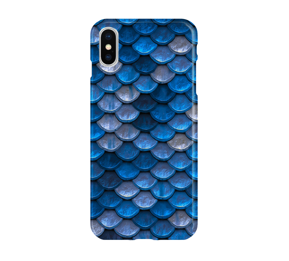 Phone case with blue scale pattern on a white background