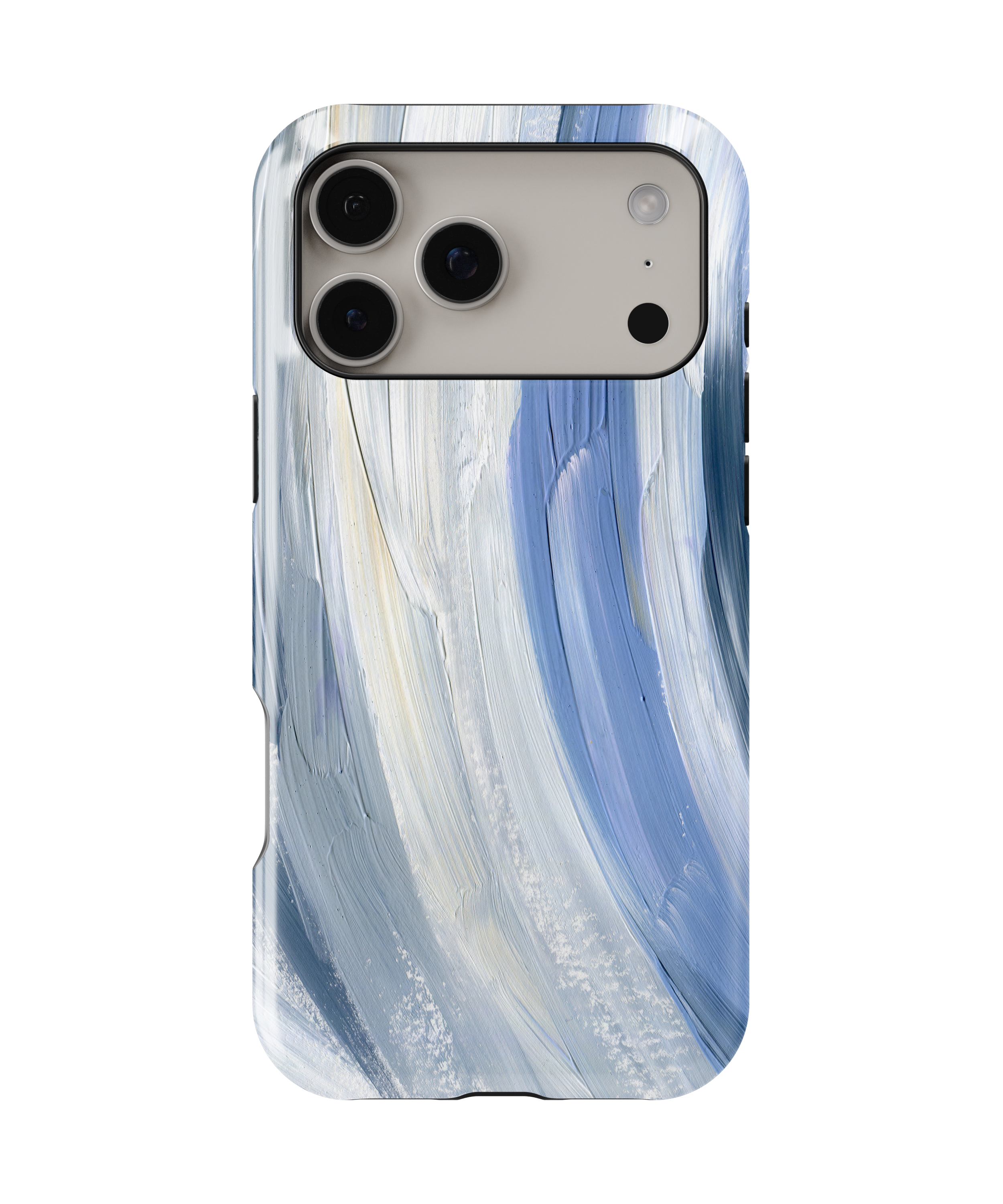 Phone case with blue and white marbled design on a white background