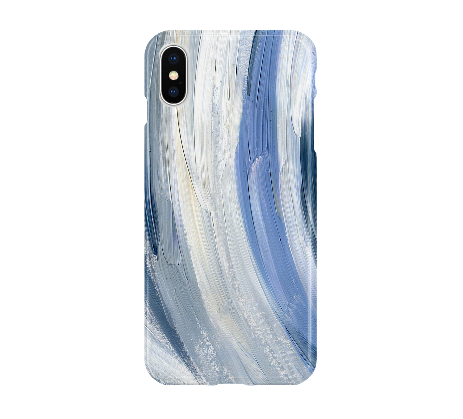 Phone case with blue and white abstract design on a white background