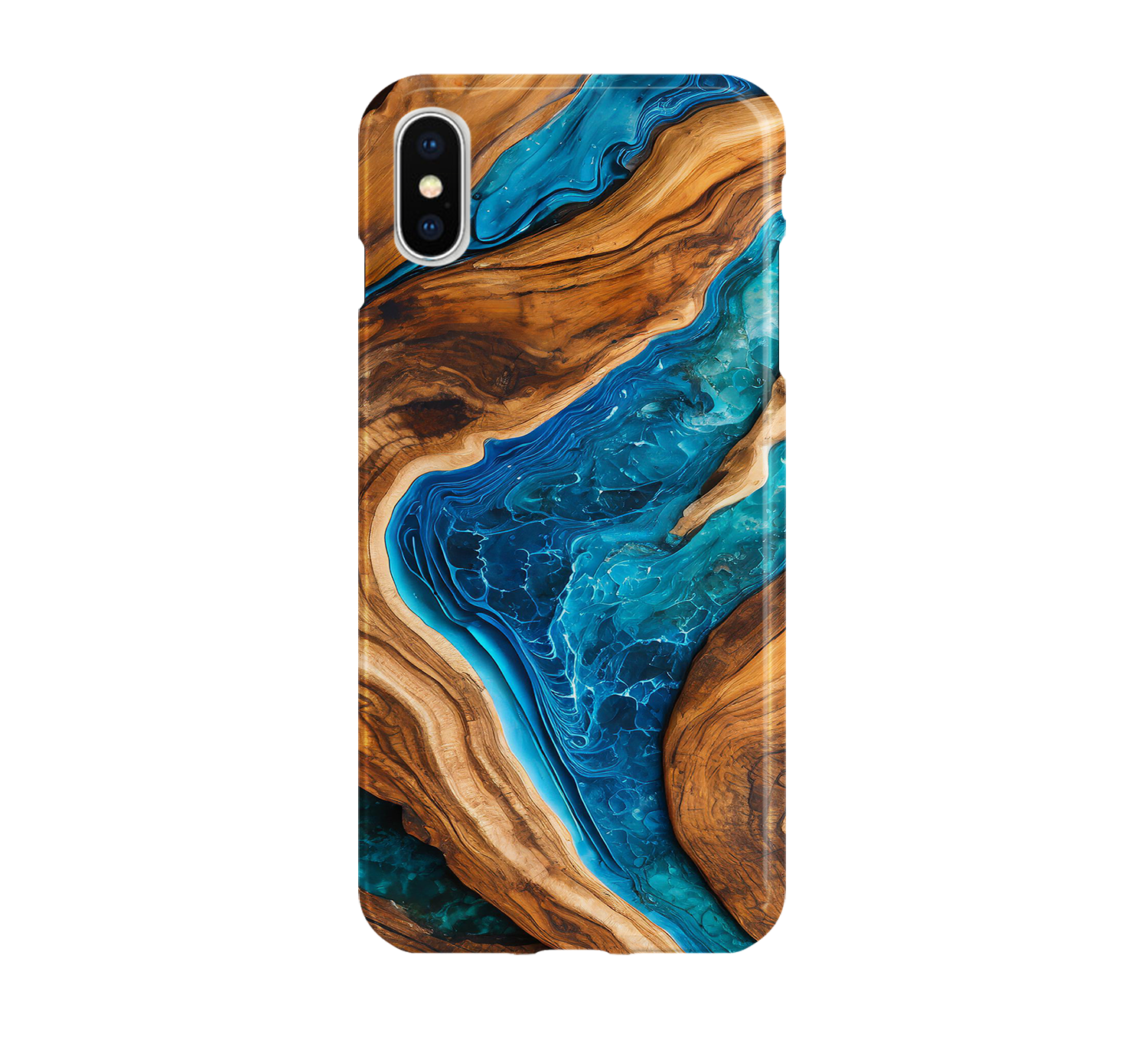 Phone case with a wood and blue design on a white background
