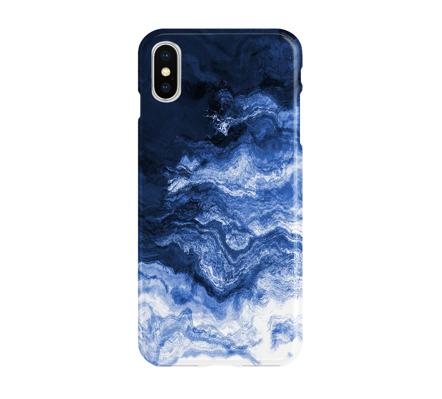 Phone case with blue and white marble pattern on a white background