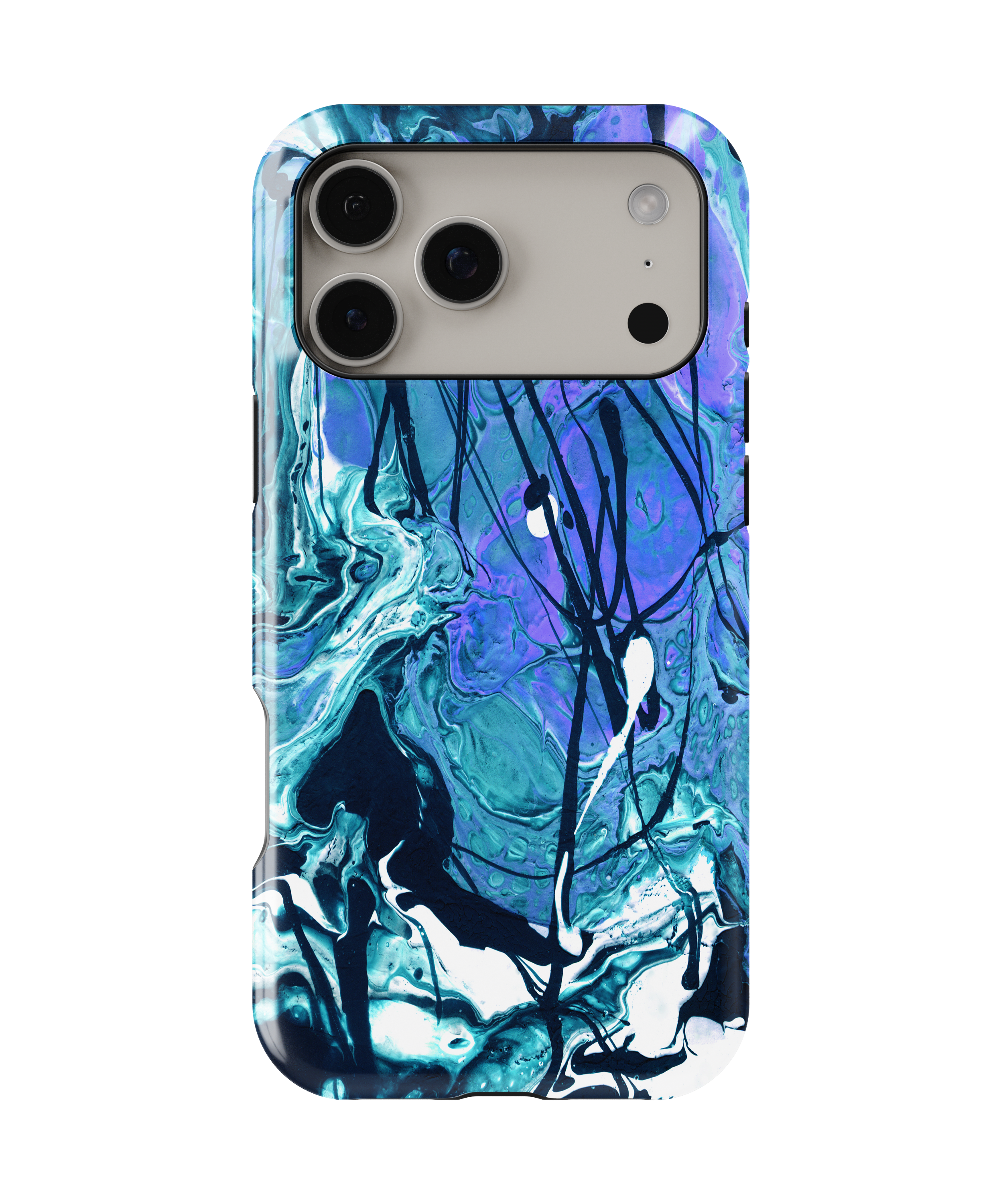 Phone case with blue and black abstract design on a white background