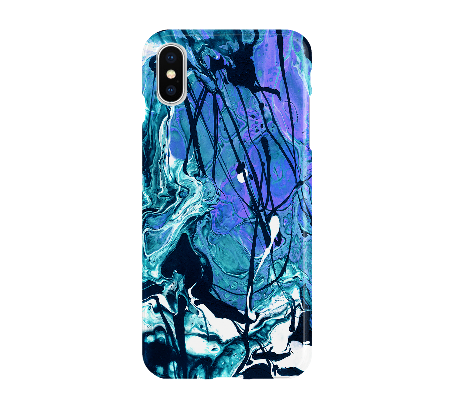 Phone case with blue and black abstract design on a white background
