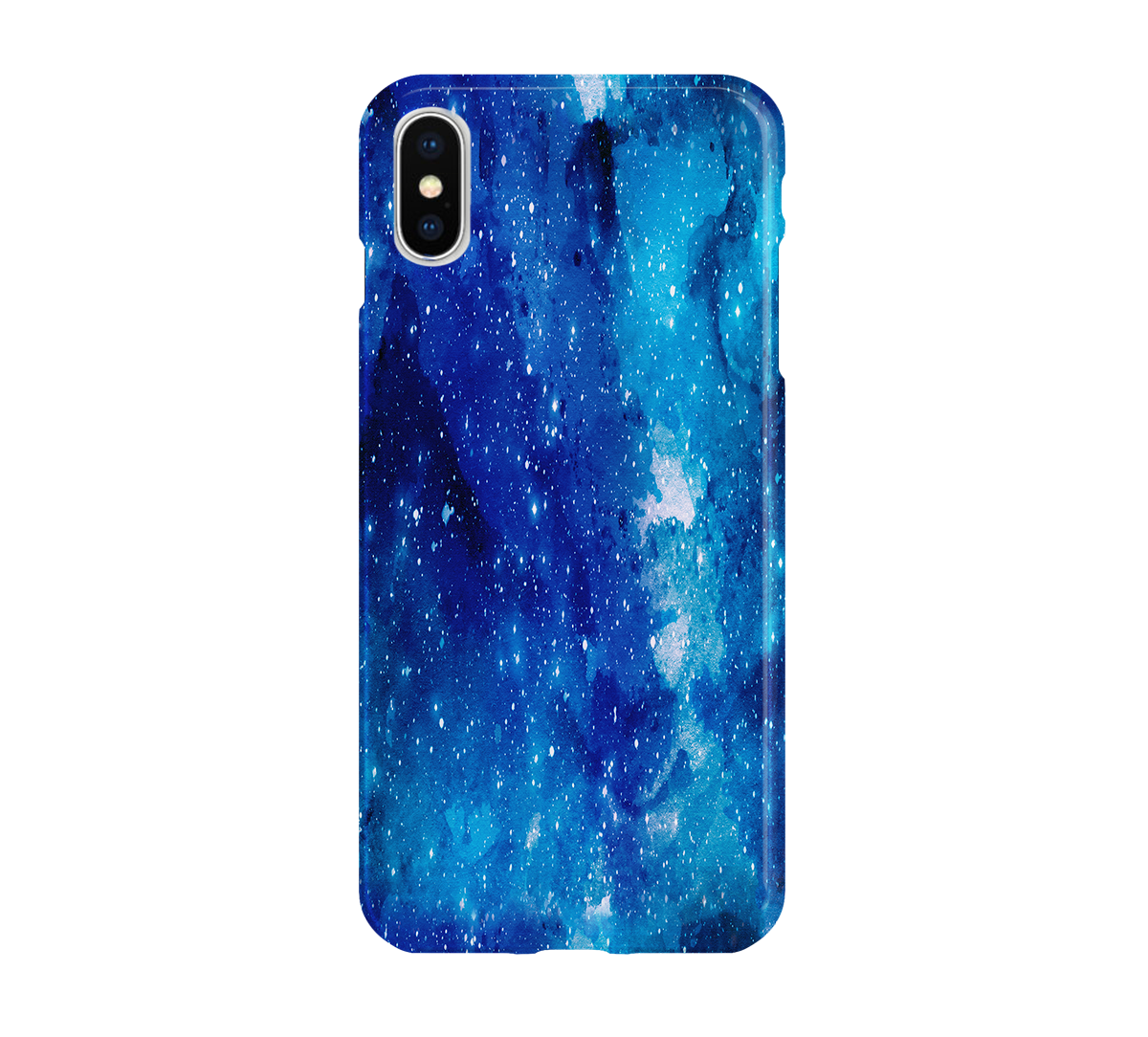 Phone case with a blue galaxy design on a white background