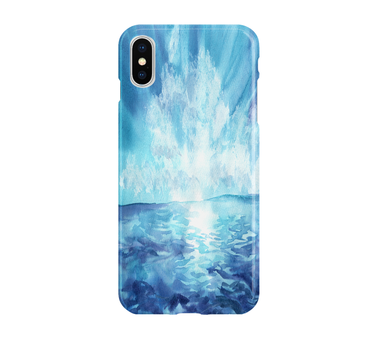 Phone case with a blue and white abstract design on a white background