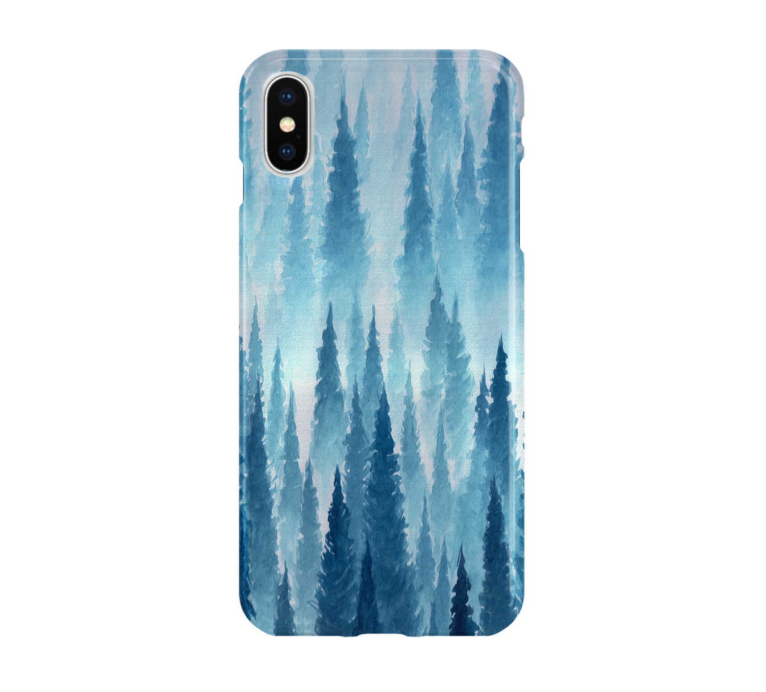 Phone case with blue abstract forest design on a white background