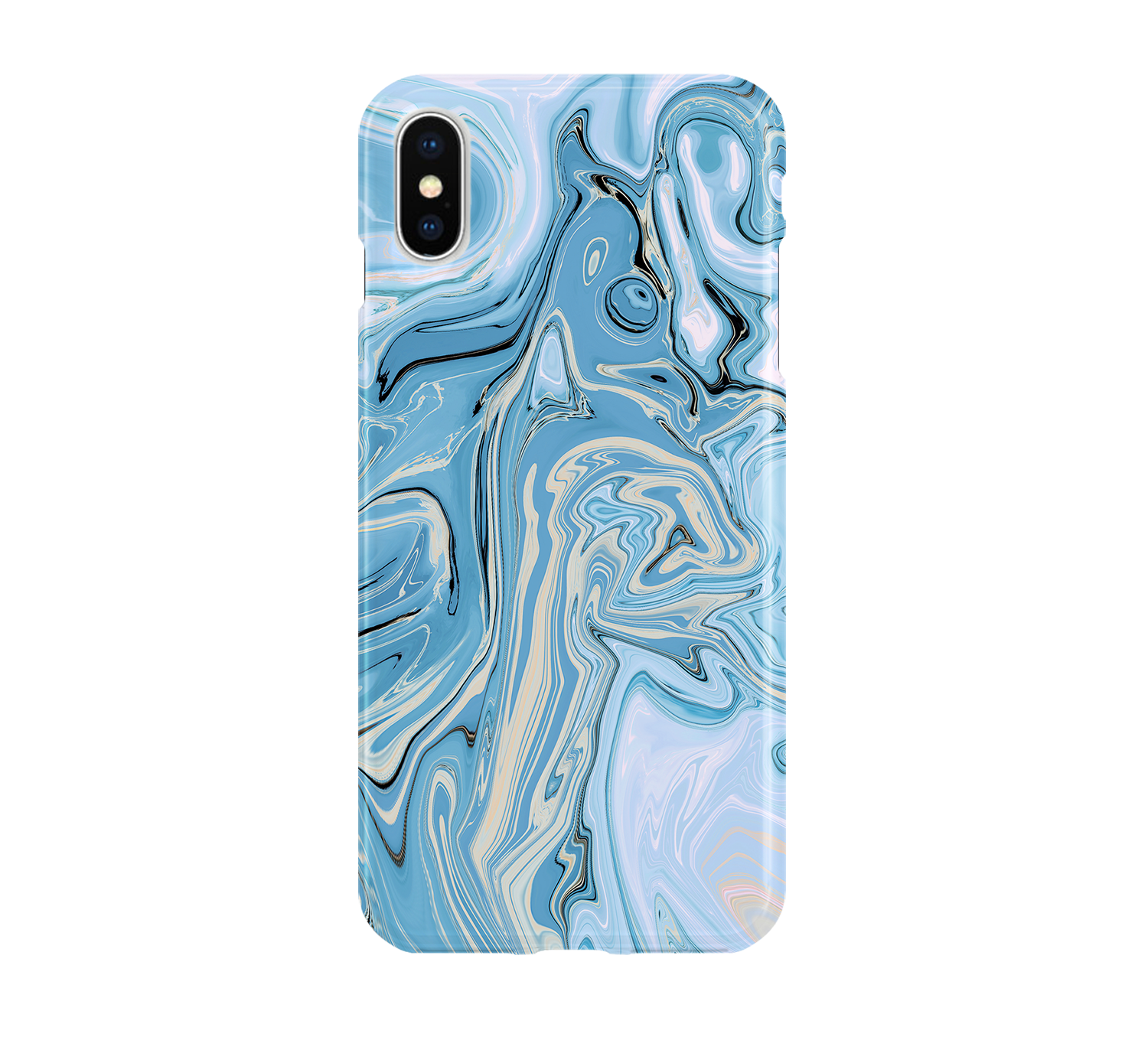 Phone case with blue and white marbled pattern on a white background