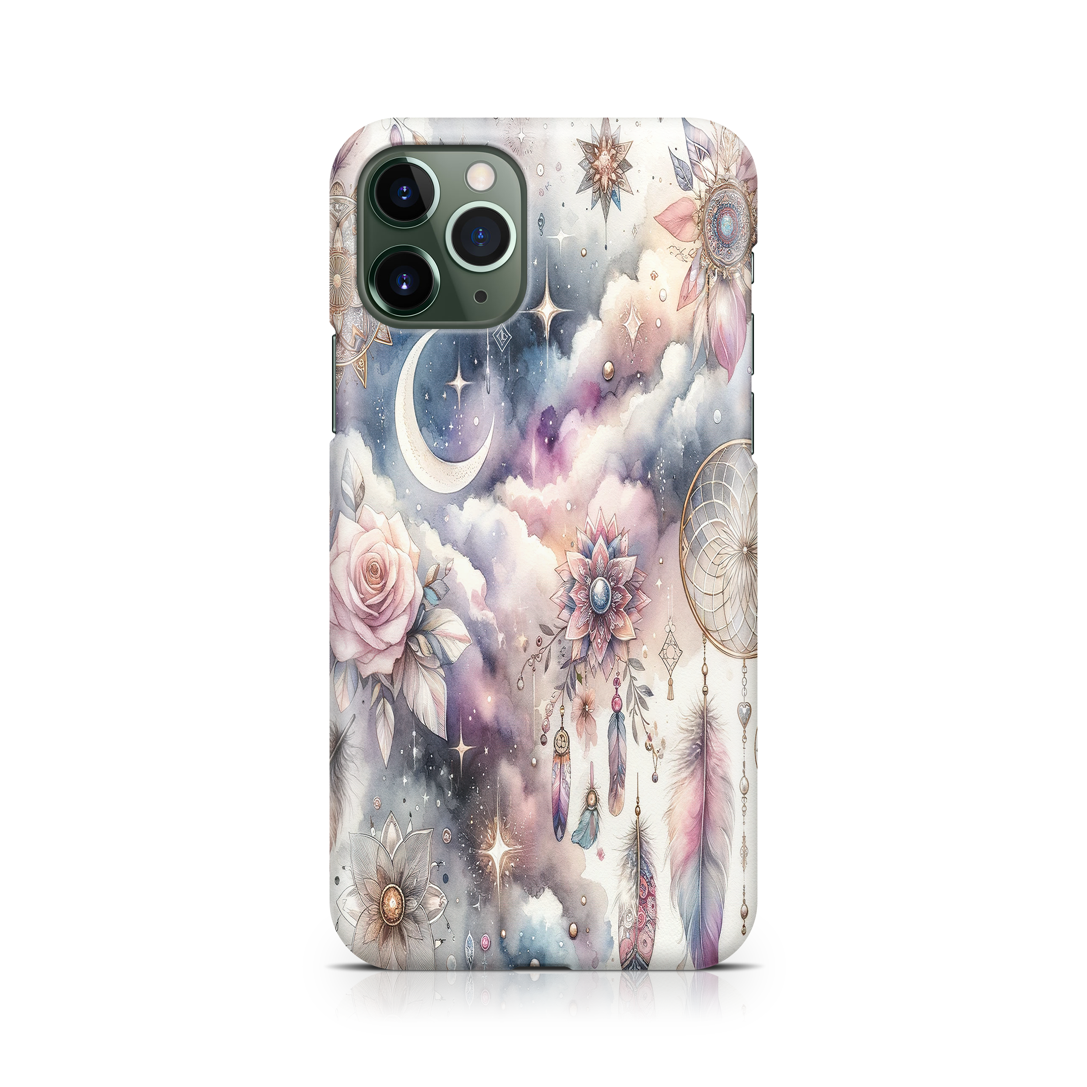 Phone case with celestial design featuring moon, stars, and flowers on a white background