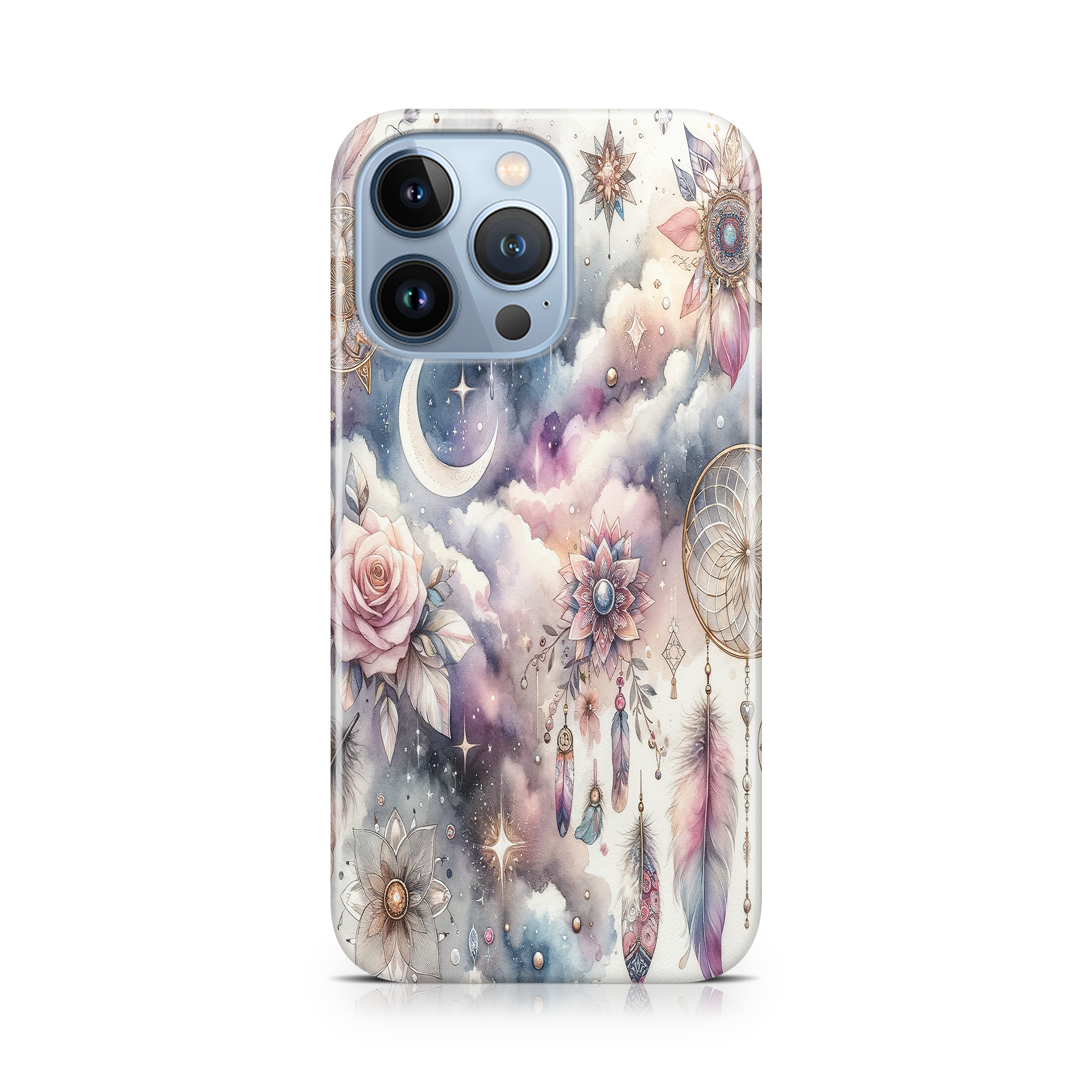 Phone case with celestial design featuring moon, stars, and flowers on a white background