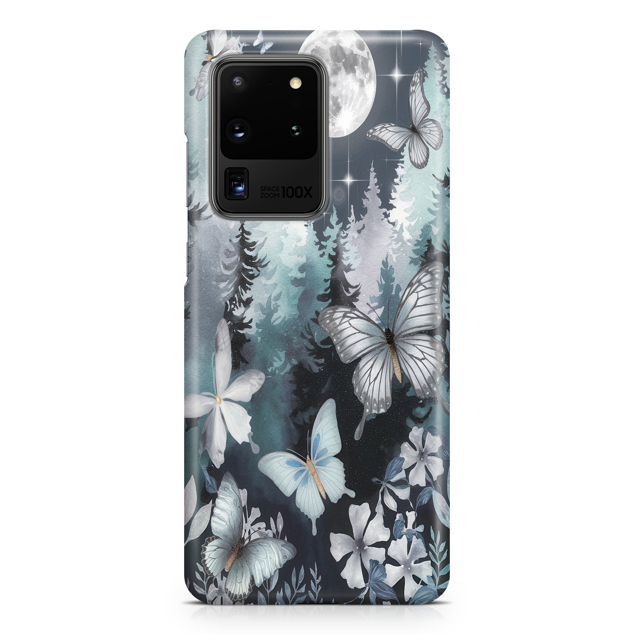 Phone case with butterfly and forest design on a light blue background