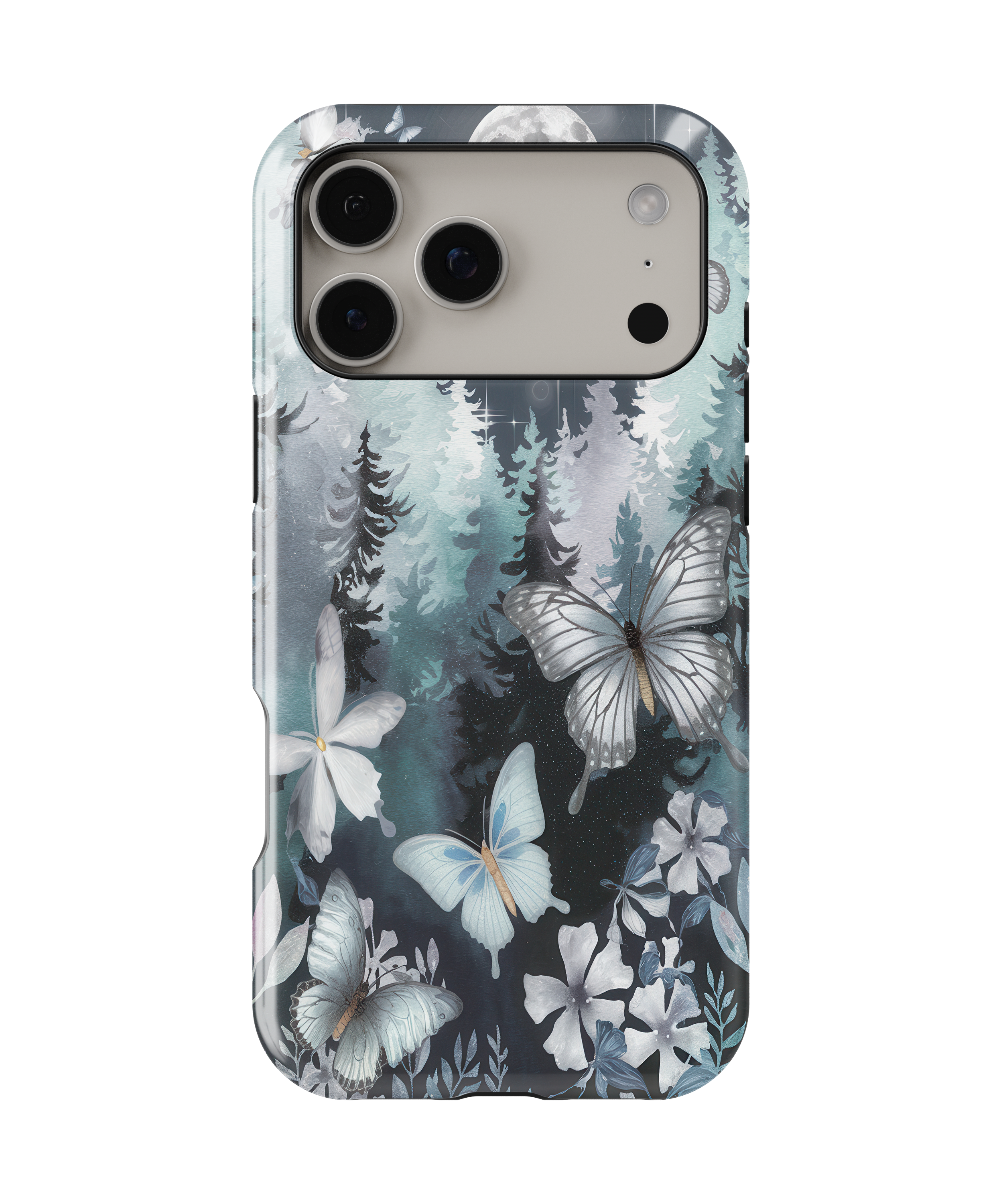 Phone case with butterfly and forest design on a white background