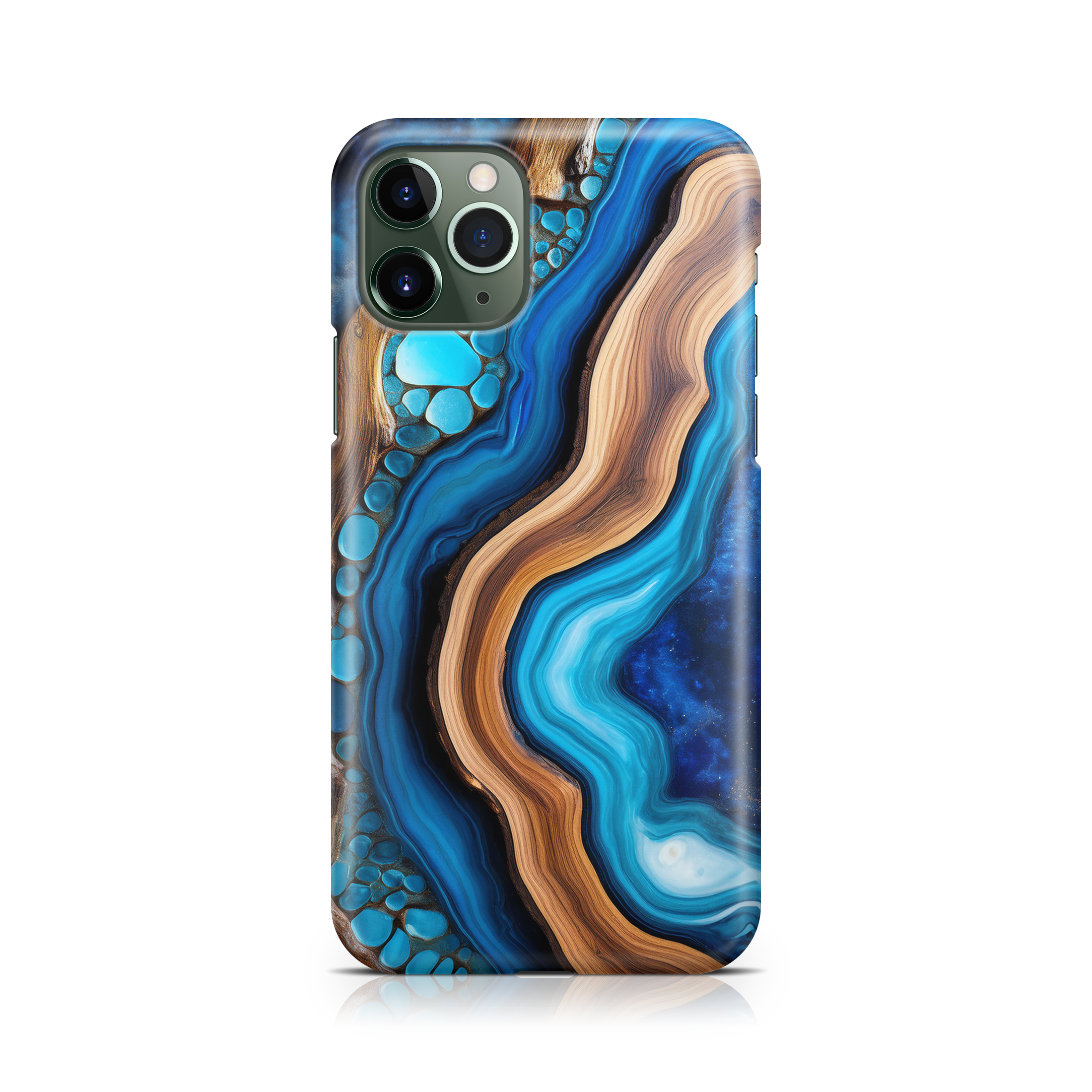 Phone case with blue and brown abstract design on a white background
