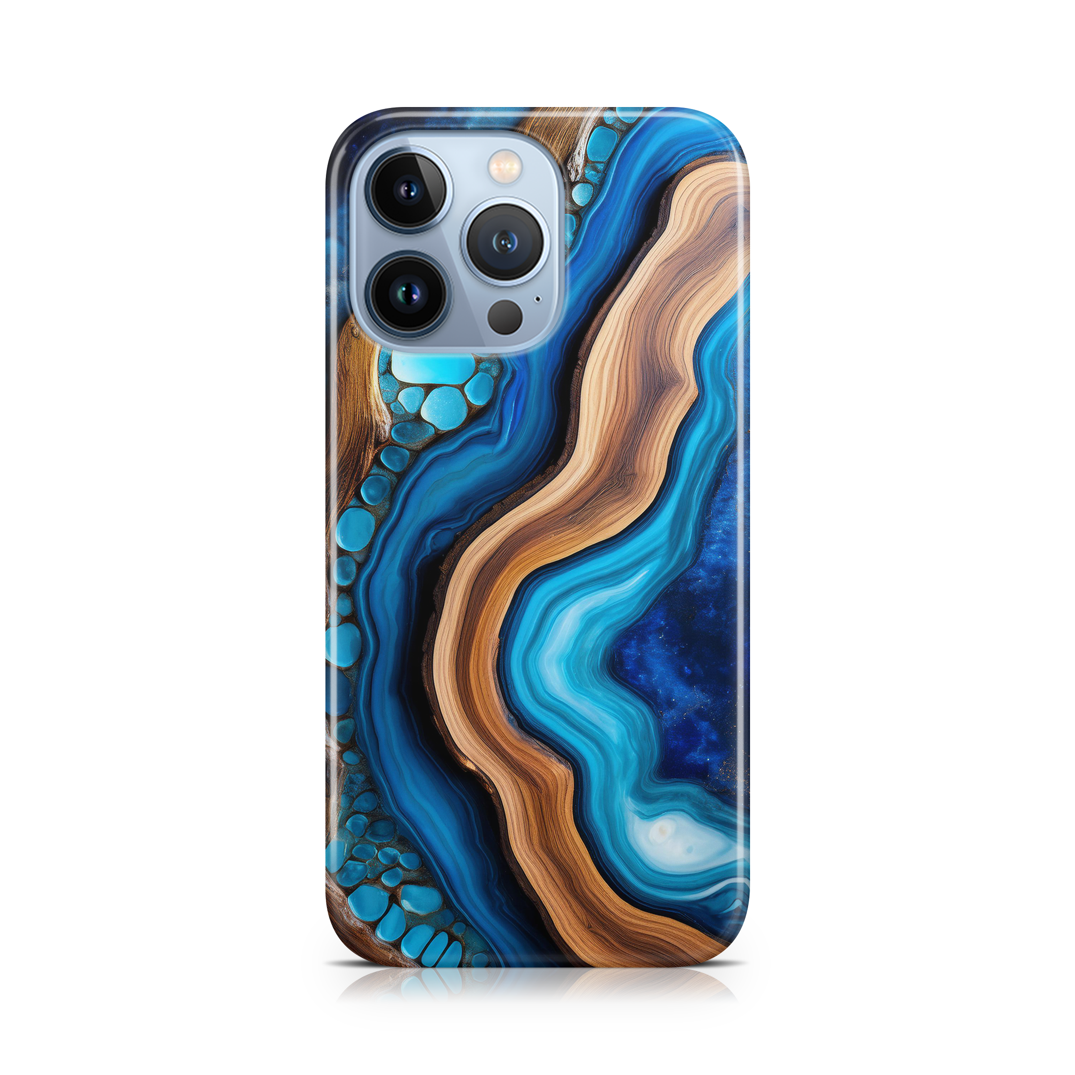Phone case with blue and brown abstract design on a white background