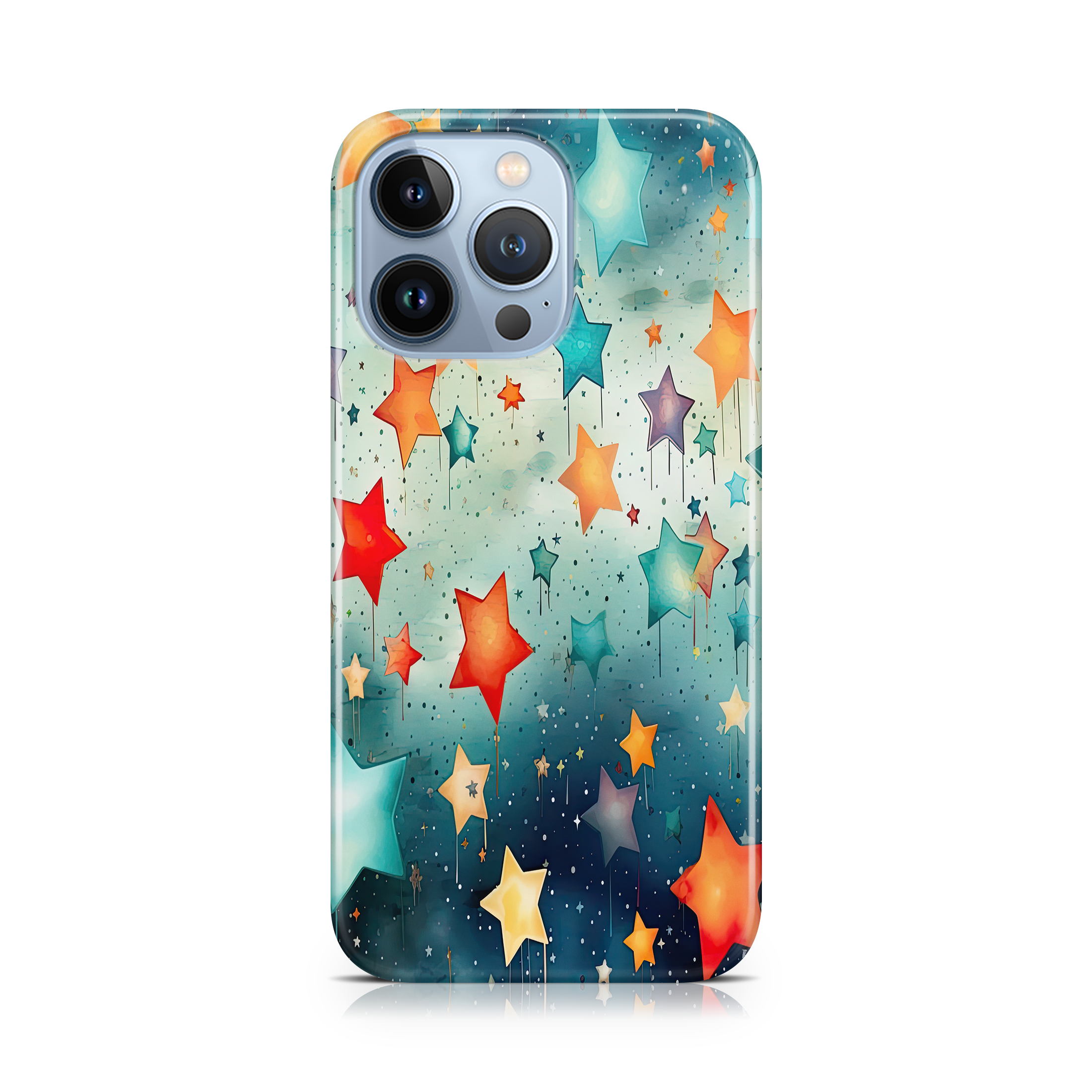 Phone case with colorful star pattern on a gradient background