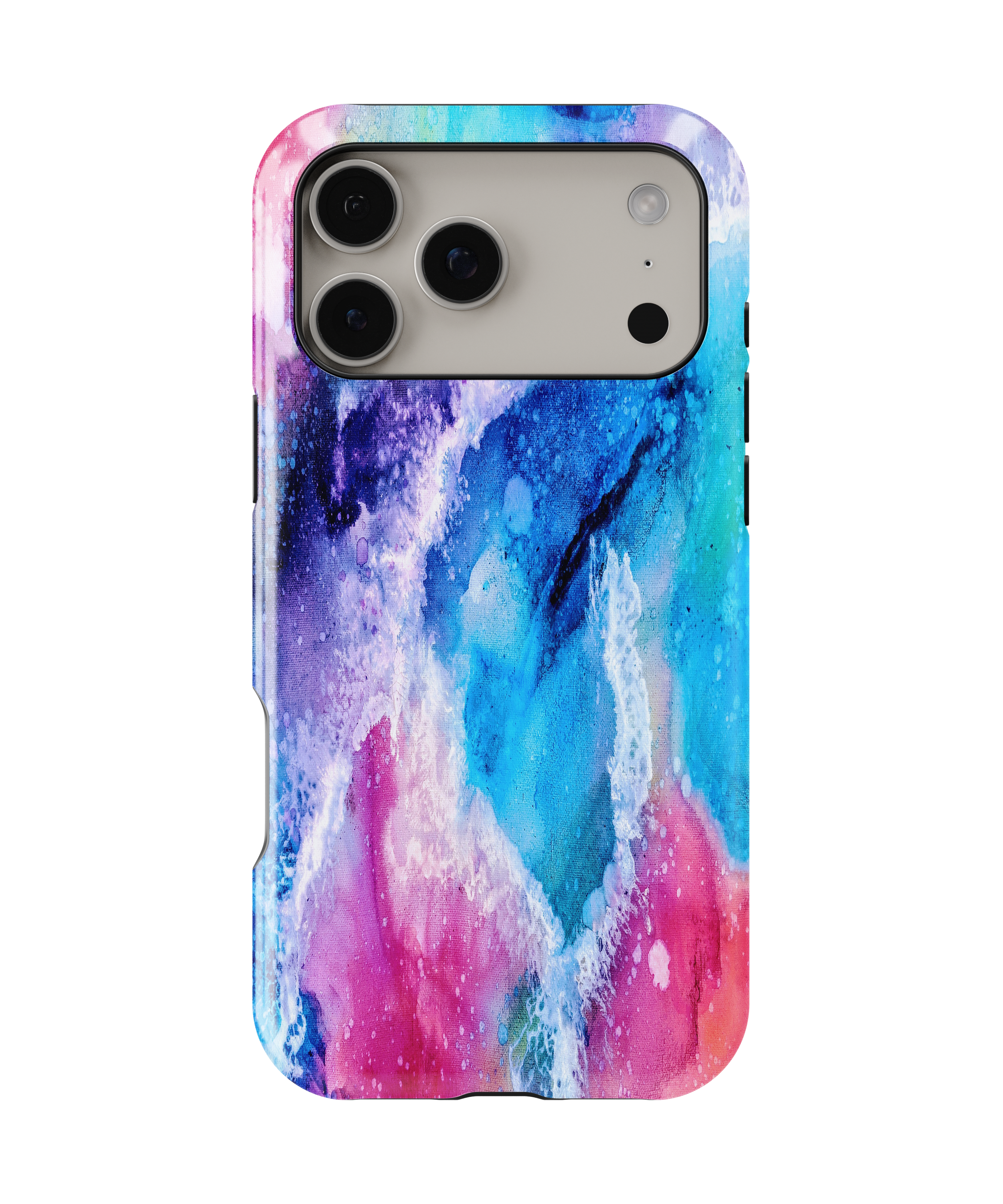 Phone case with a colorful abstract design on a white background