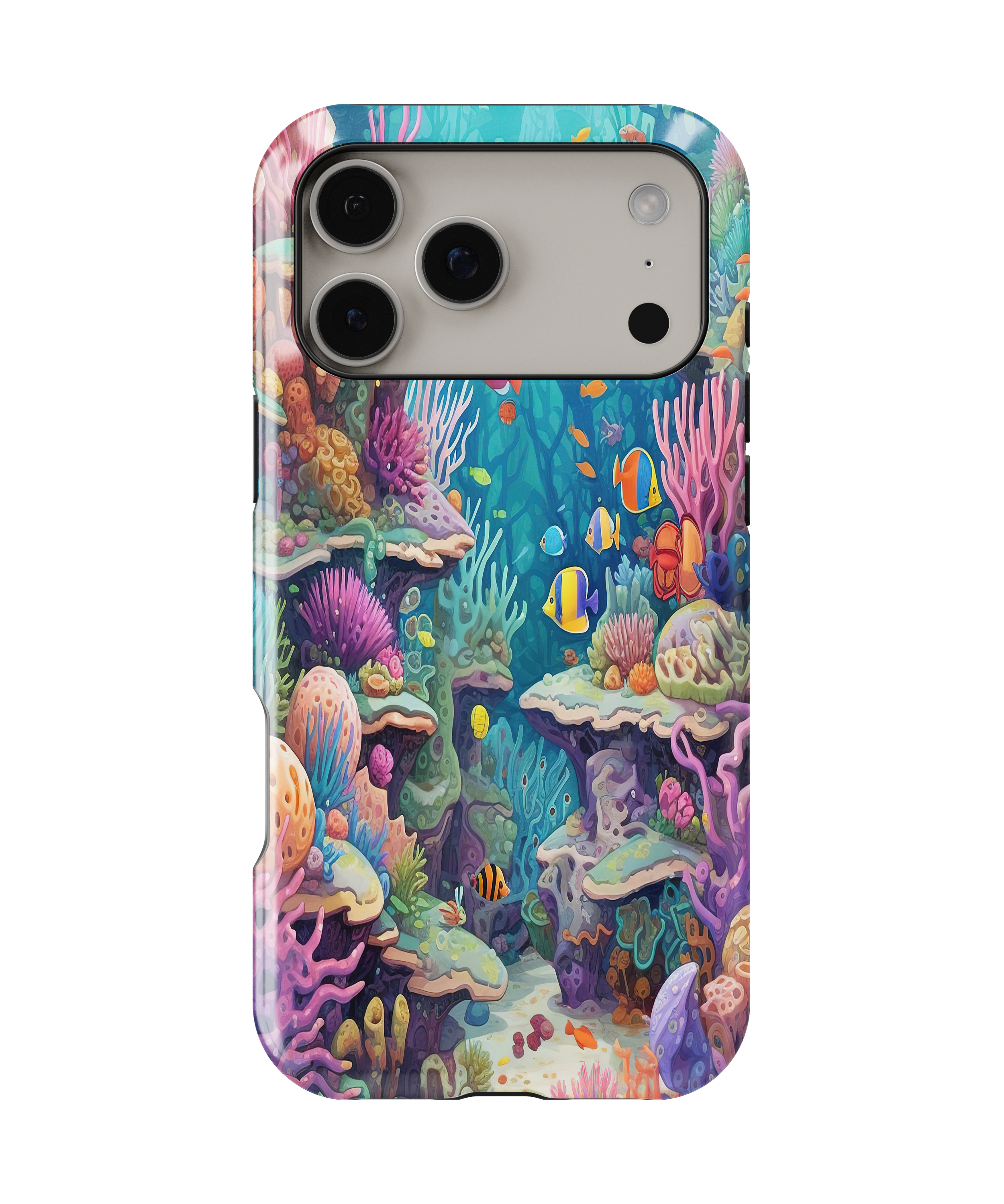 Phone case with an underwater scene design featuring colorful fish and coral on a white background