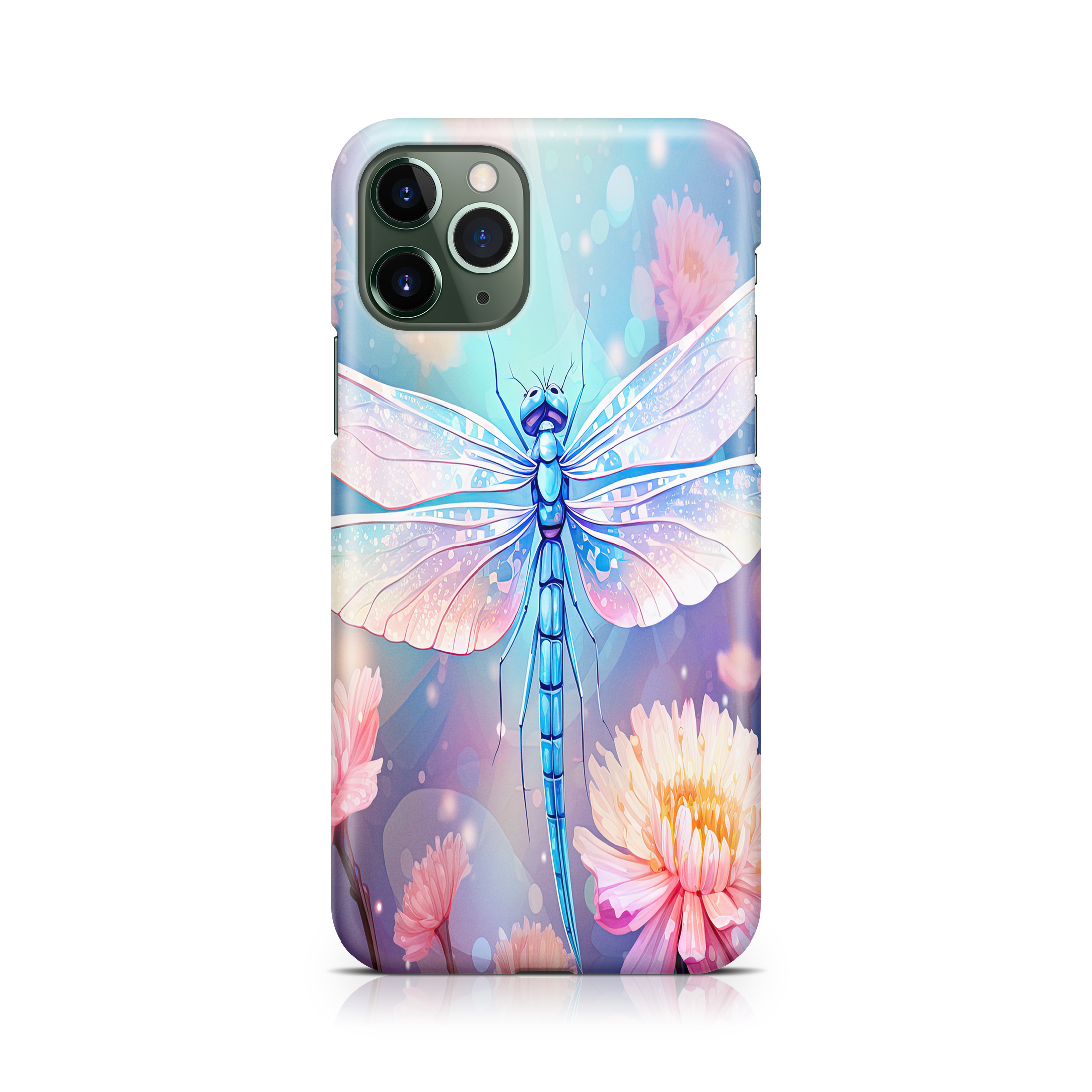 Phone case with a dragonfly and floral design on a white background