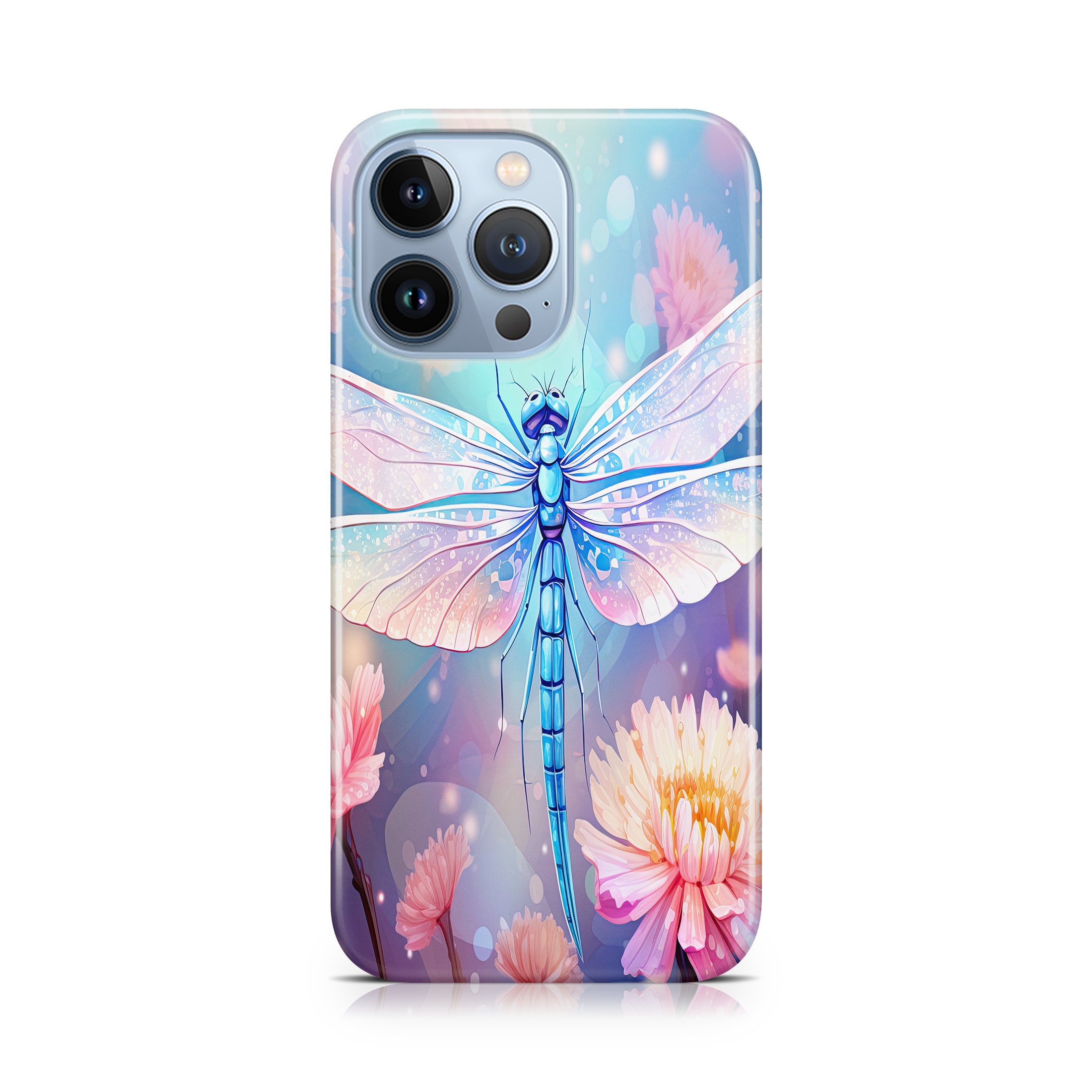Phone case with a dragonfly and floral design on a white background