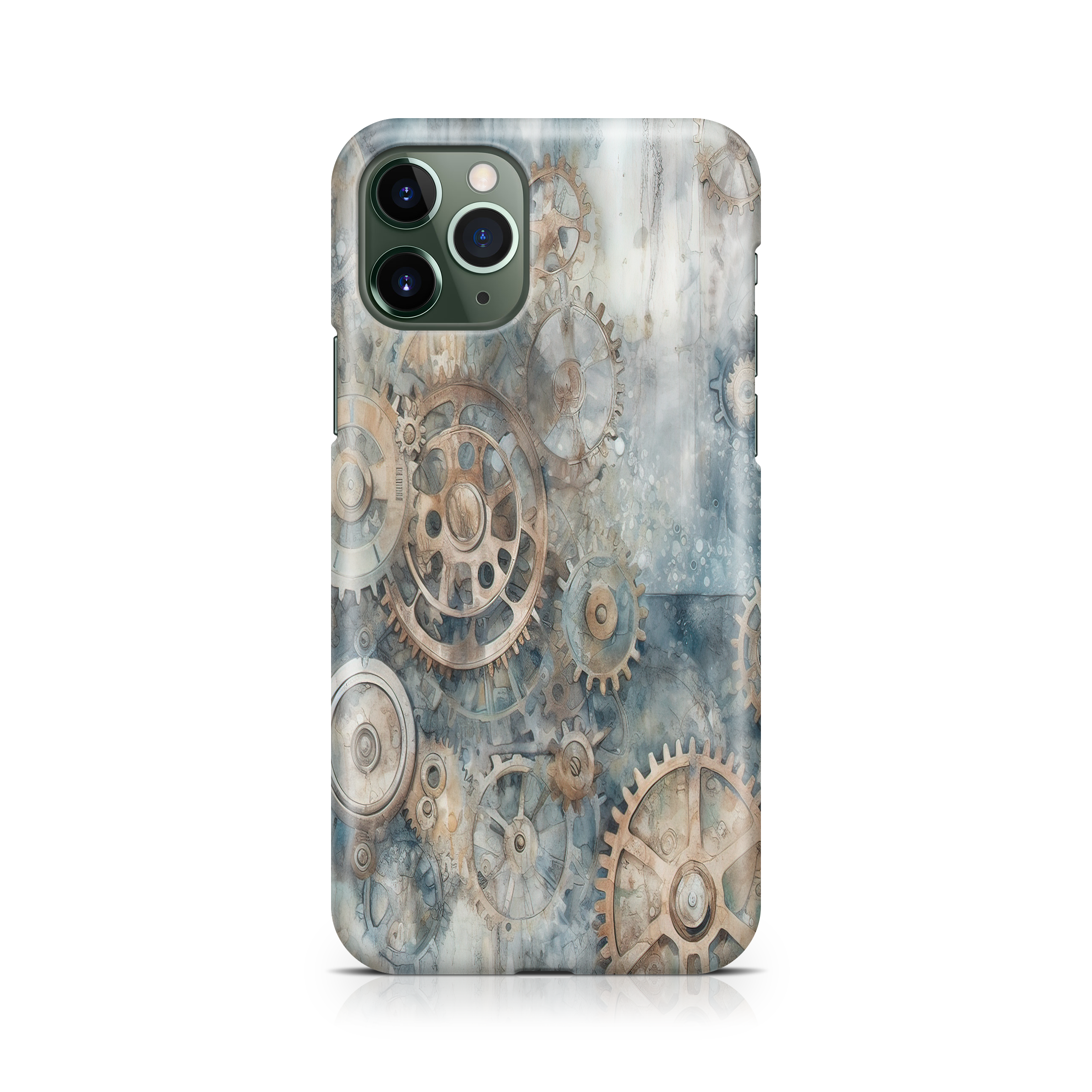 Phone case with steampunk gear design on a white background