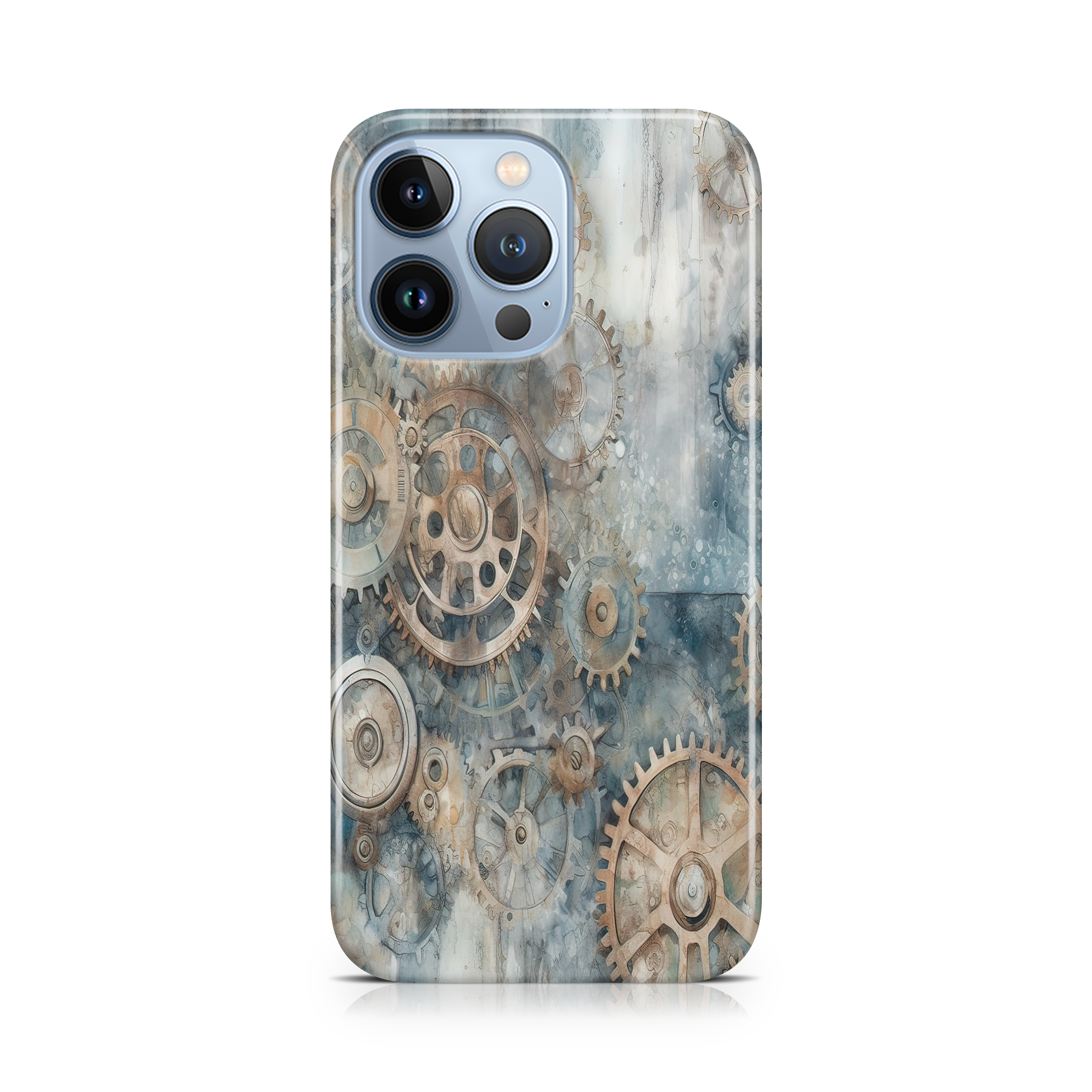 Phone case with steampunk gear design on a white background