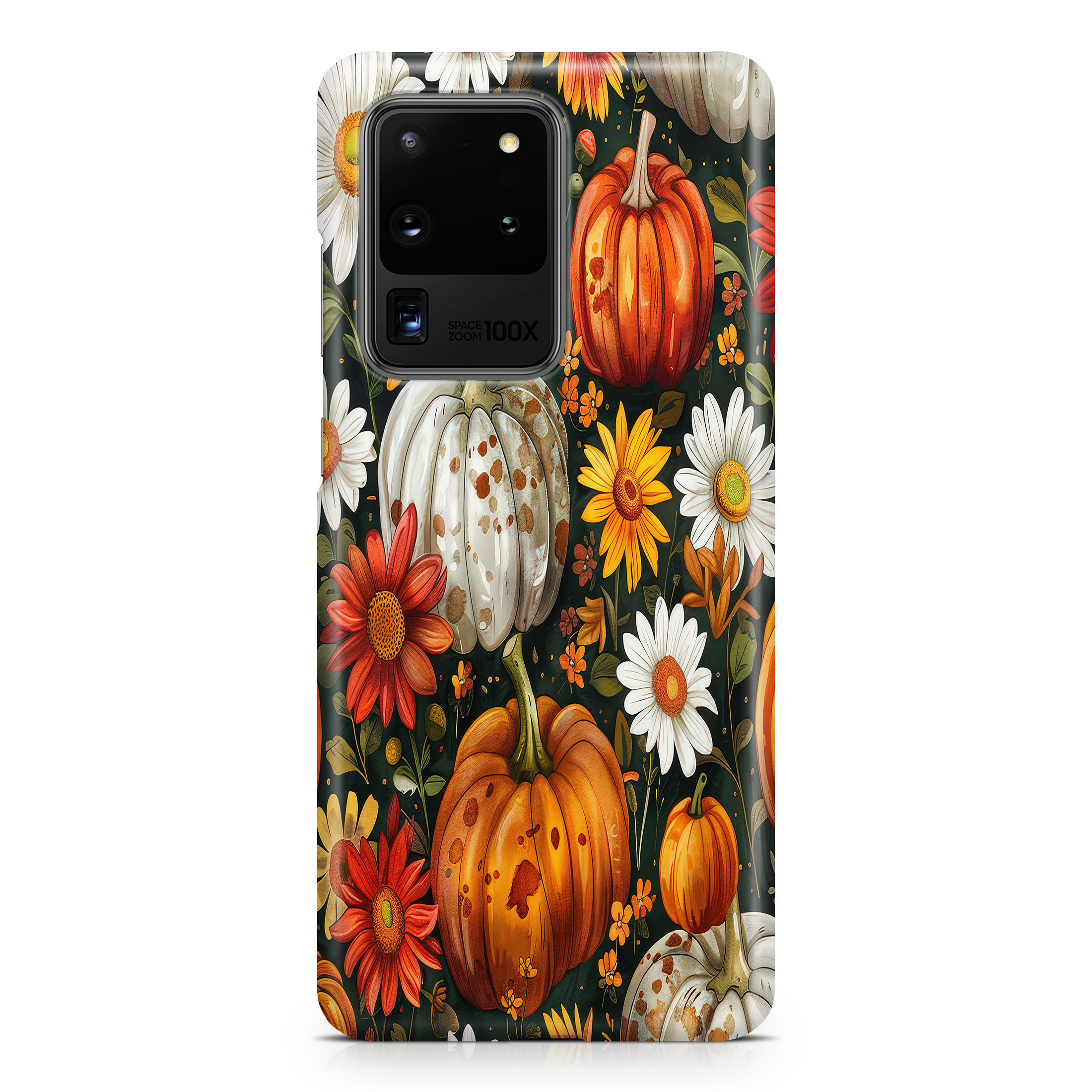 Phone case with pumpkins, flowers, and a dark background