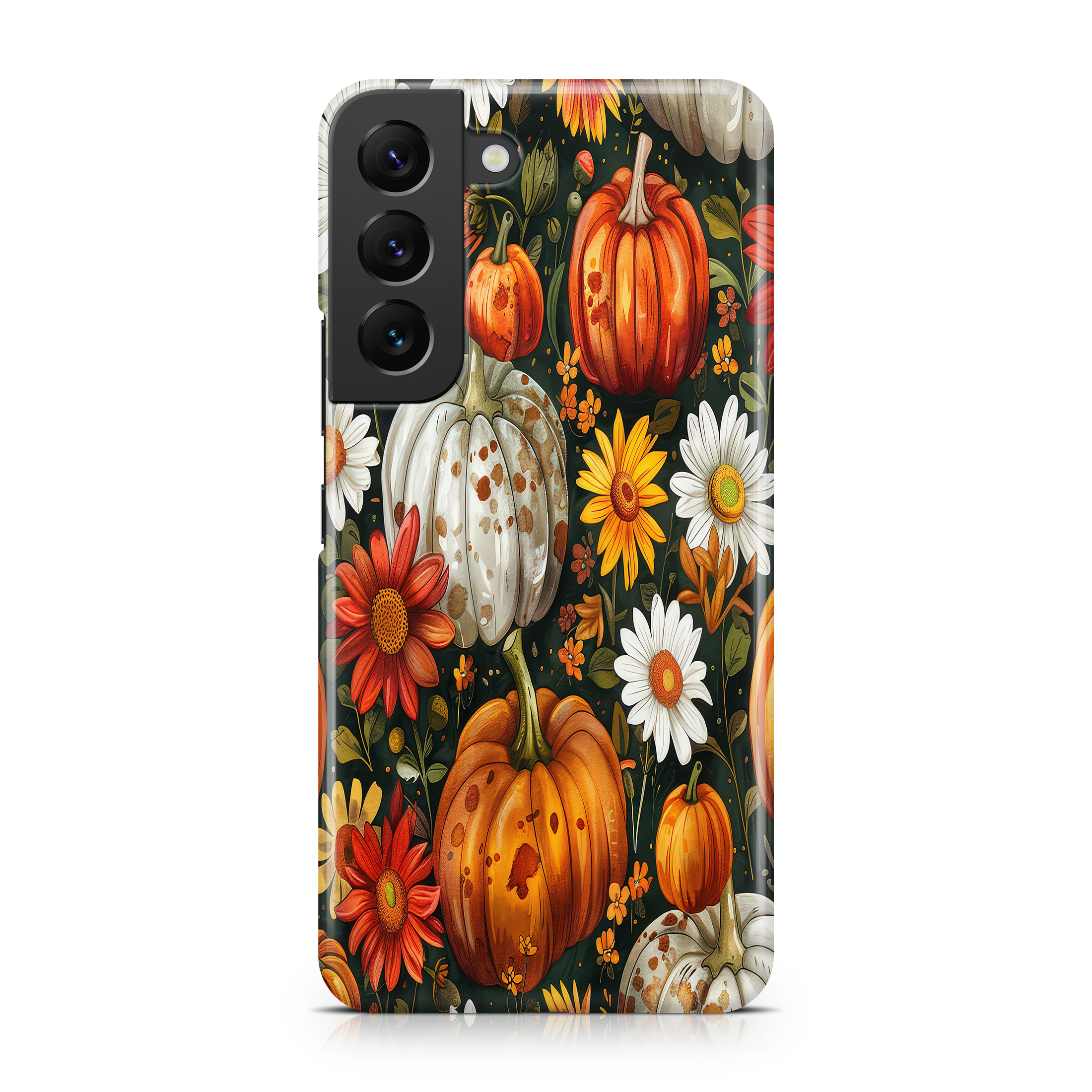 Phone case with pumpkins and flowers on a white background