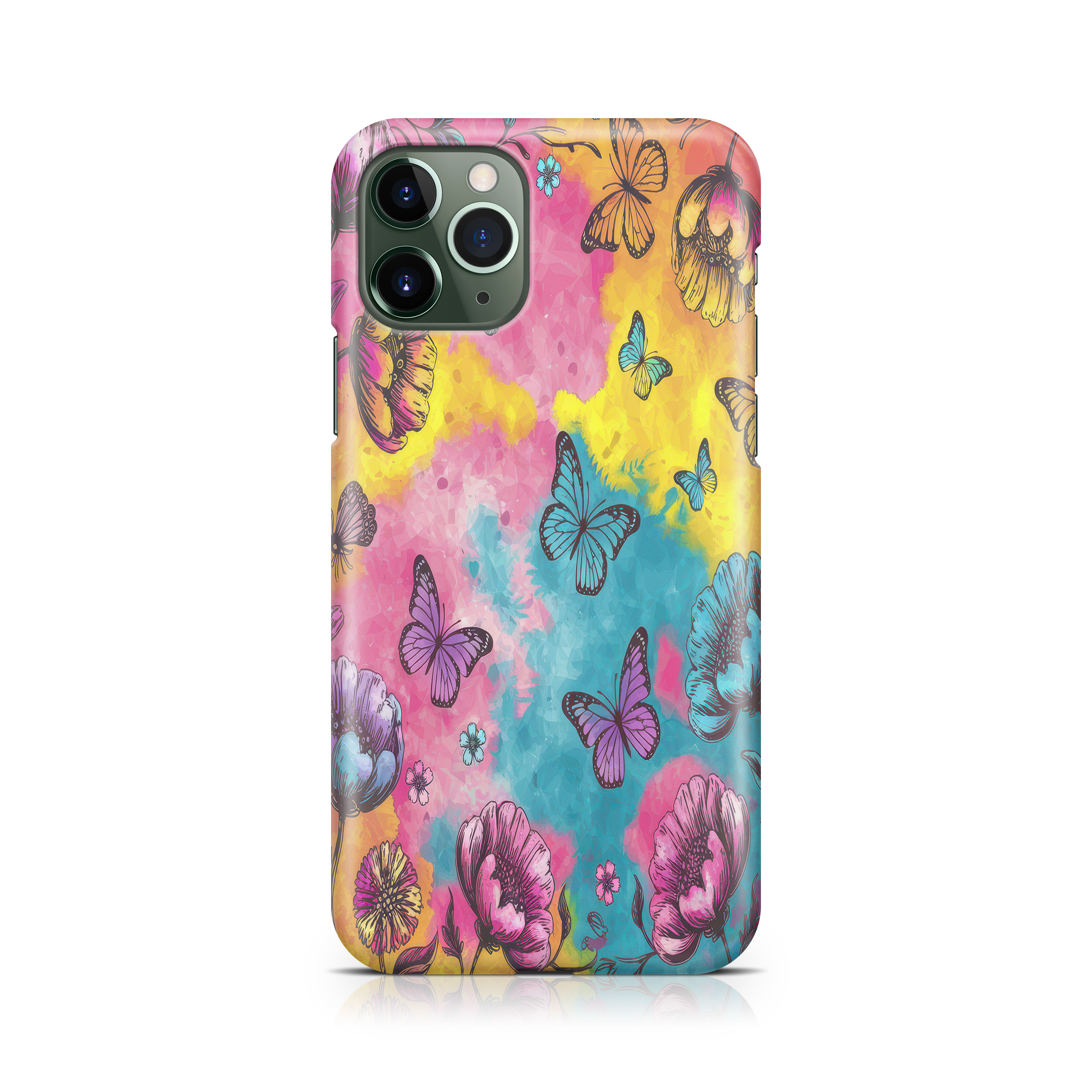 Phone case with colorful butterfly and floral design on a white background