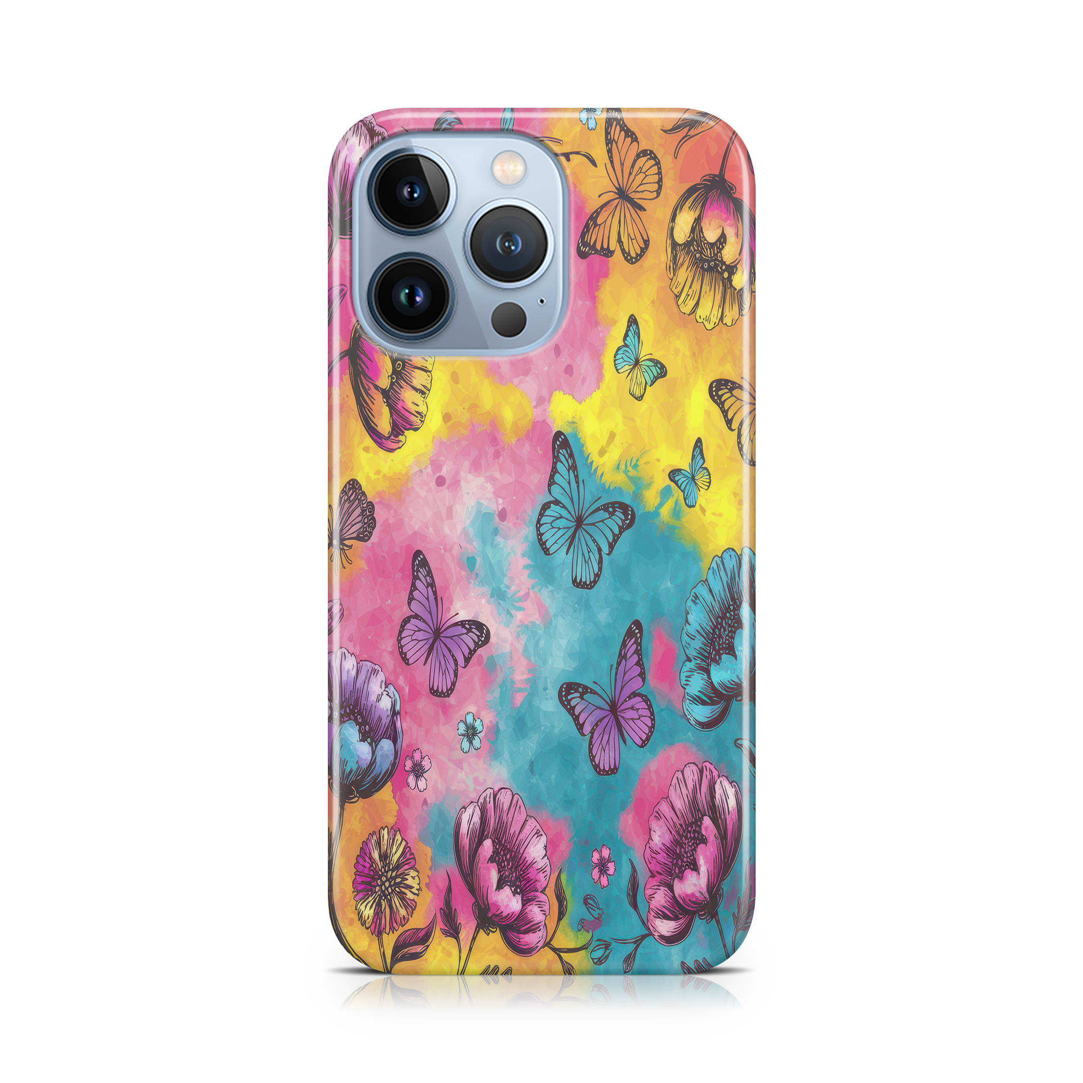 Phone case with colorful butterfly and floral design on a white background