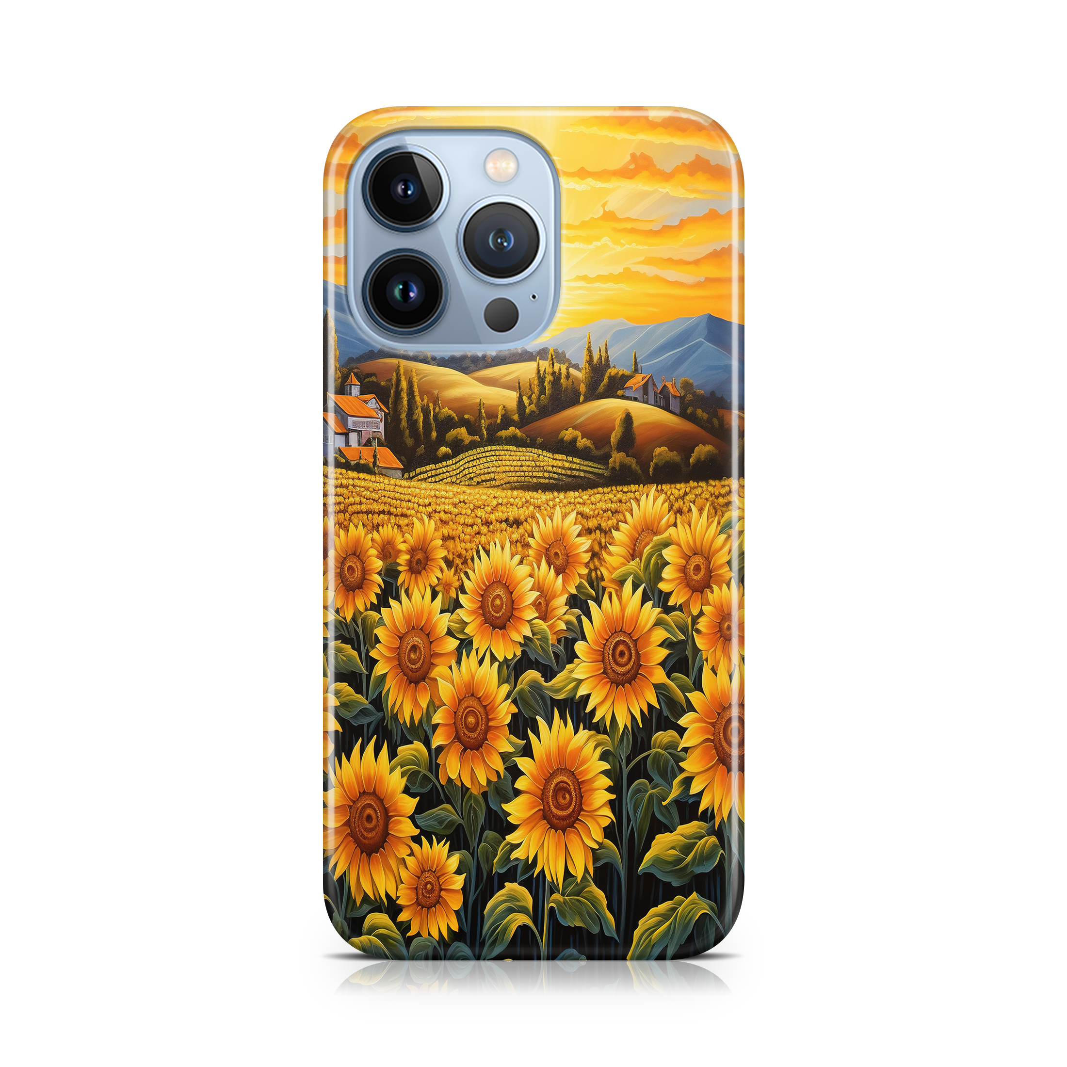 A phone case with a vibrant design featuring a field of sunflowers and a picturesque sunrise landscape.