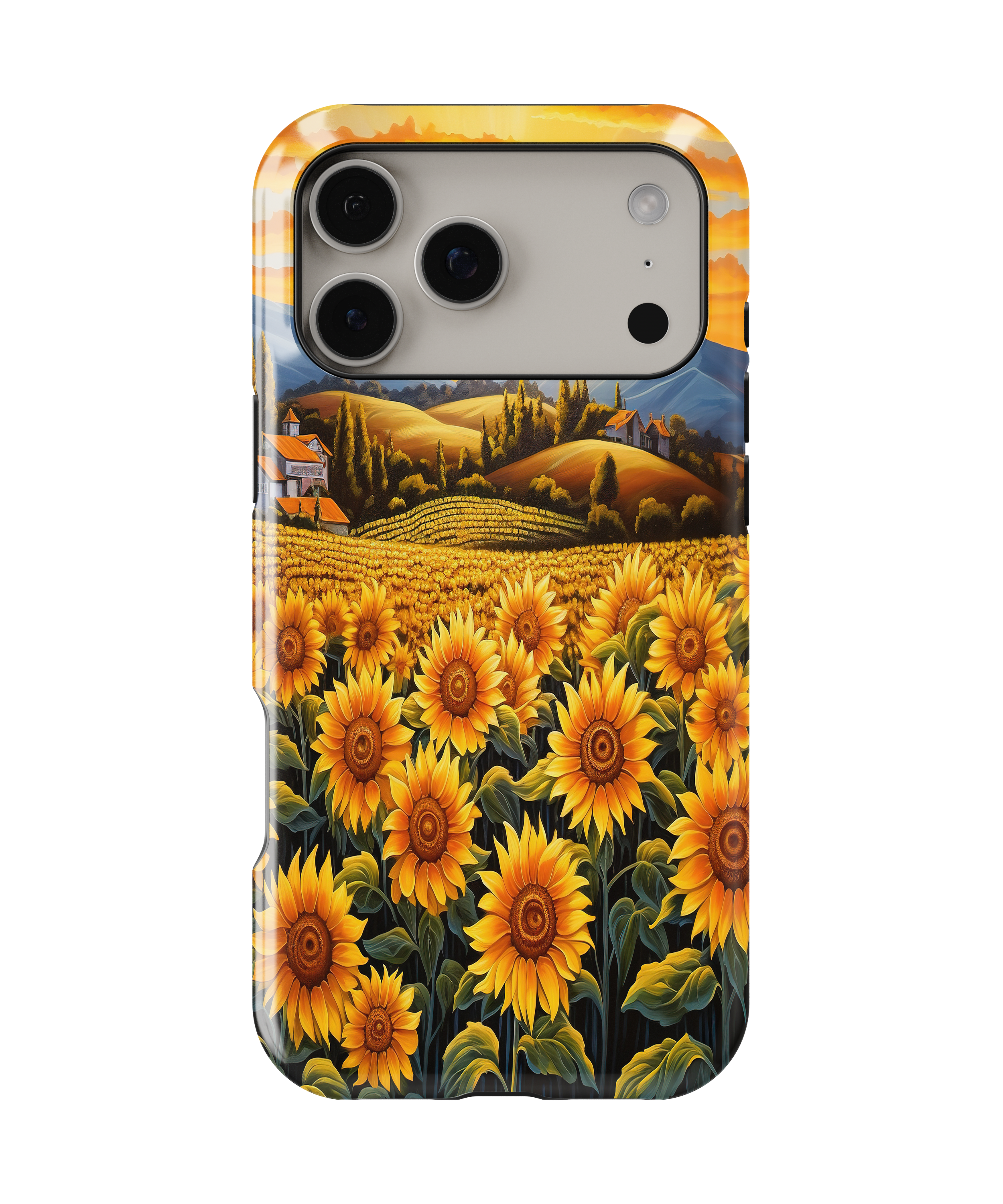 Phone case with sunflower field design on a white background
