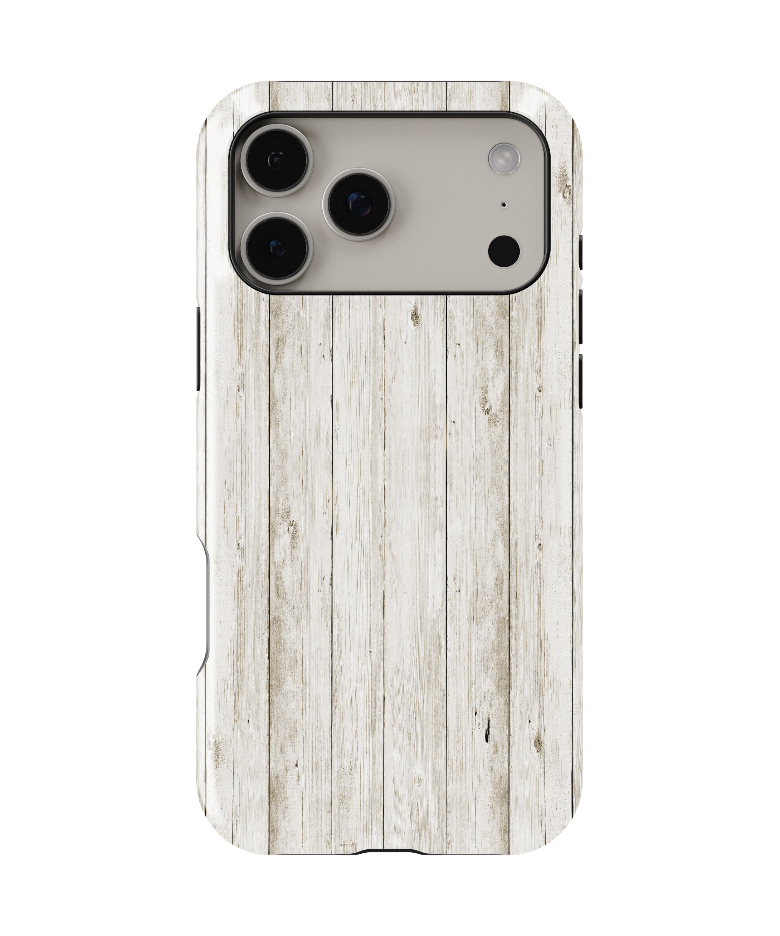 Phone case with a light wood grain pattern on a white background