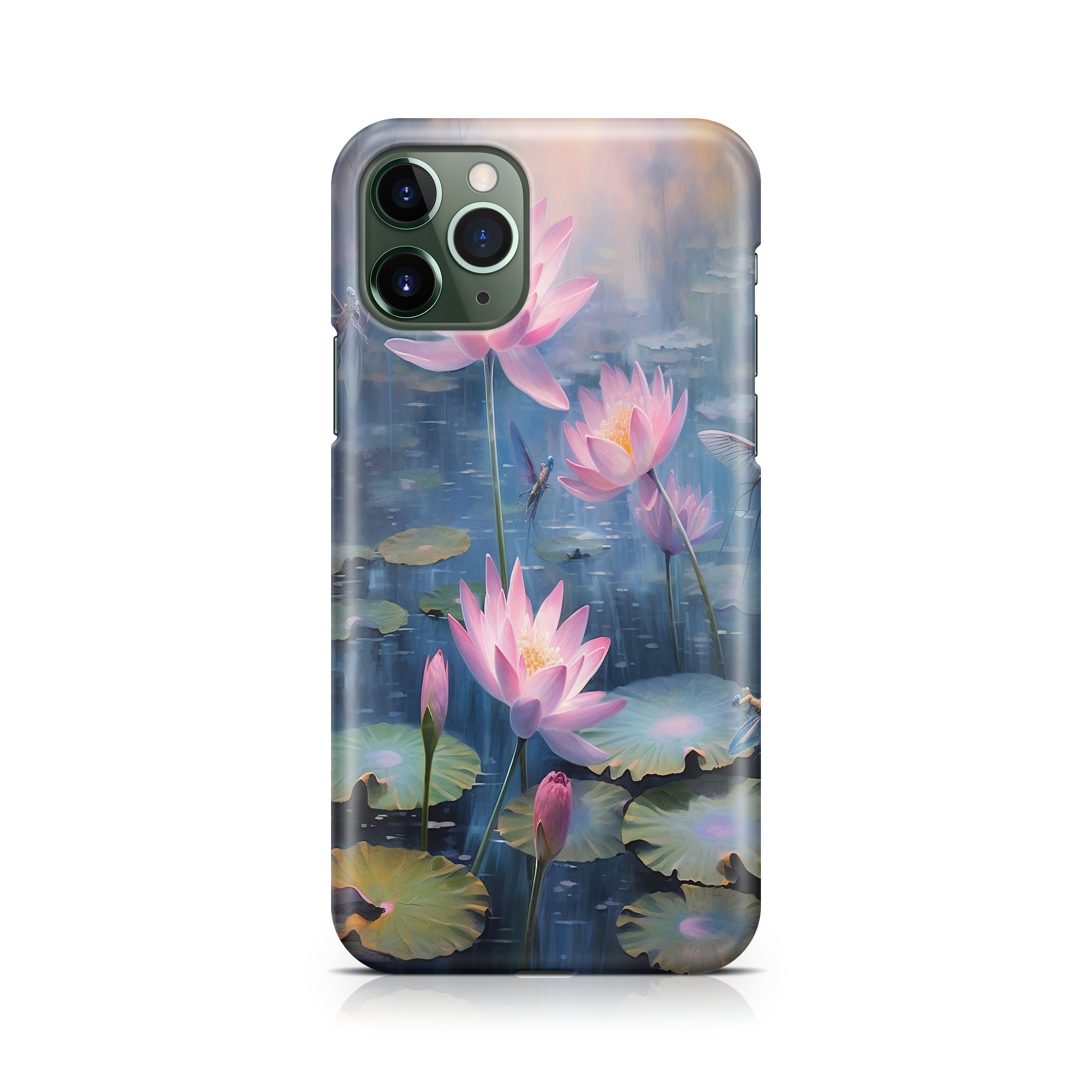 Phone case with pink lotus flowers design on a white background