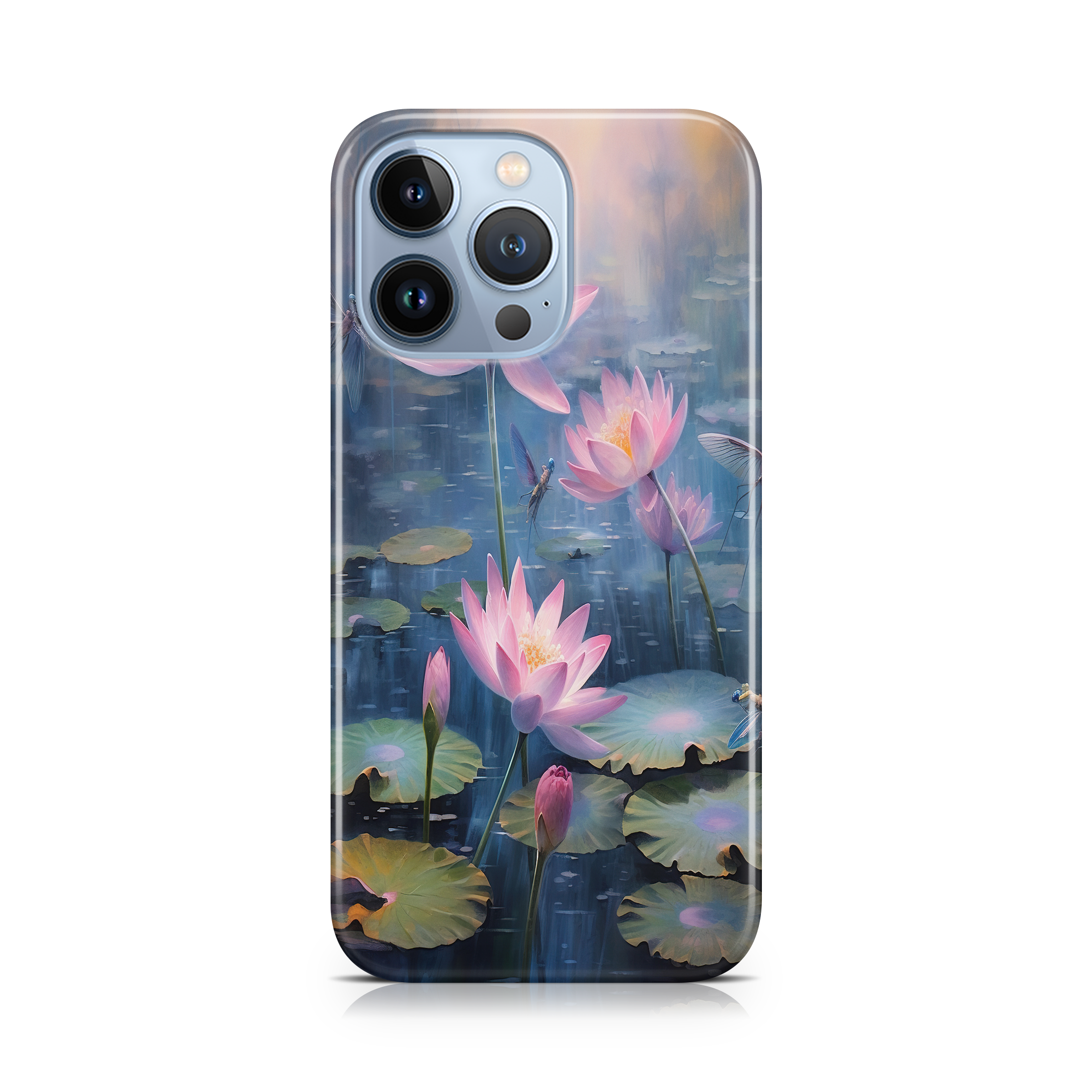 Phone case with pink lotus flowers design on a white background