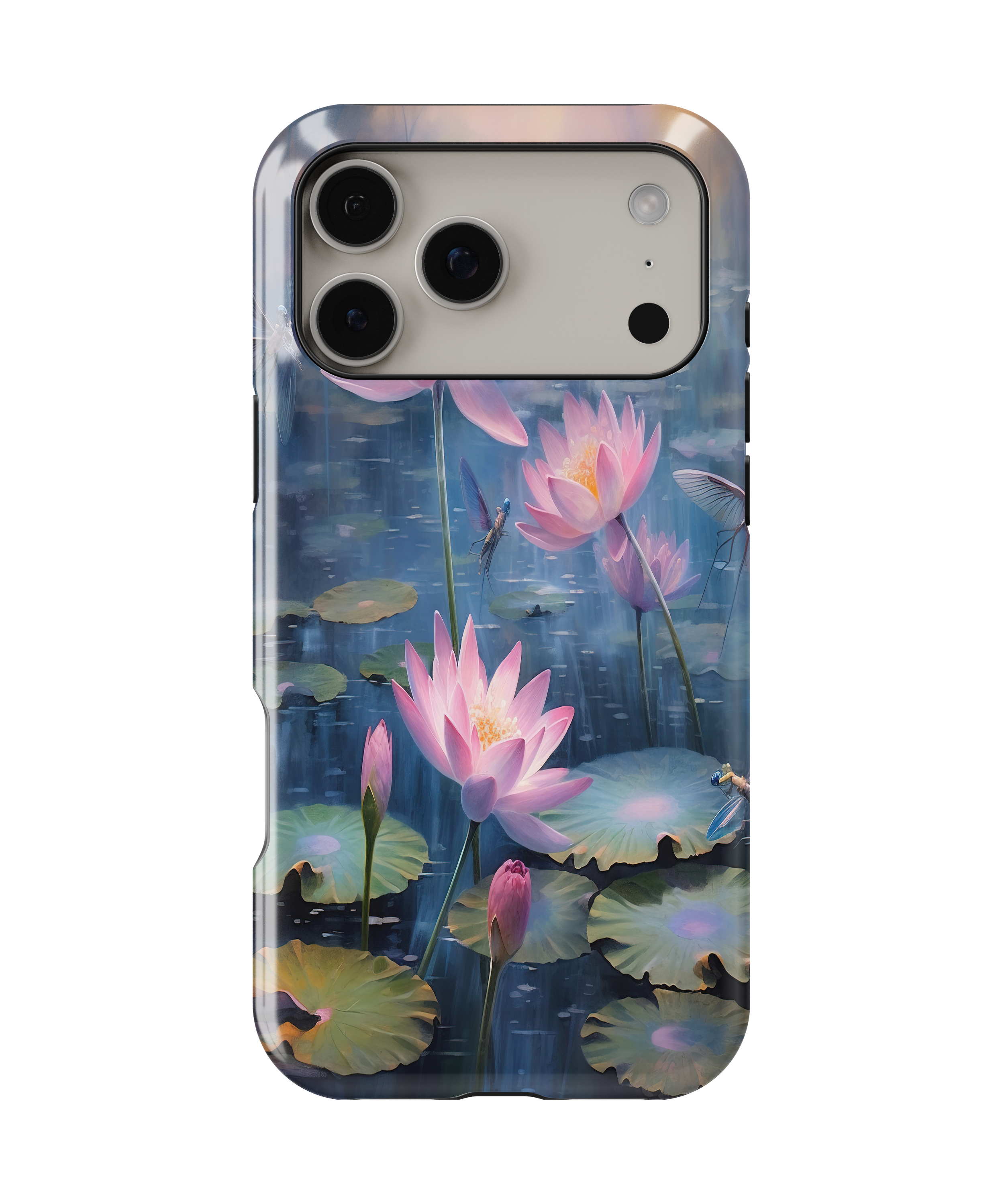 Phone case with pink lotus flowers design on a white background