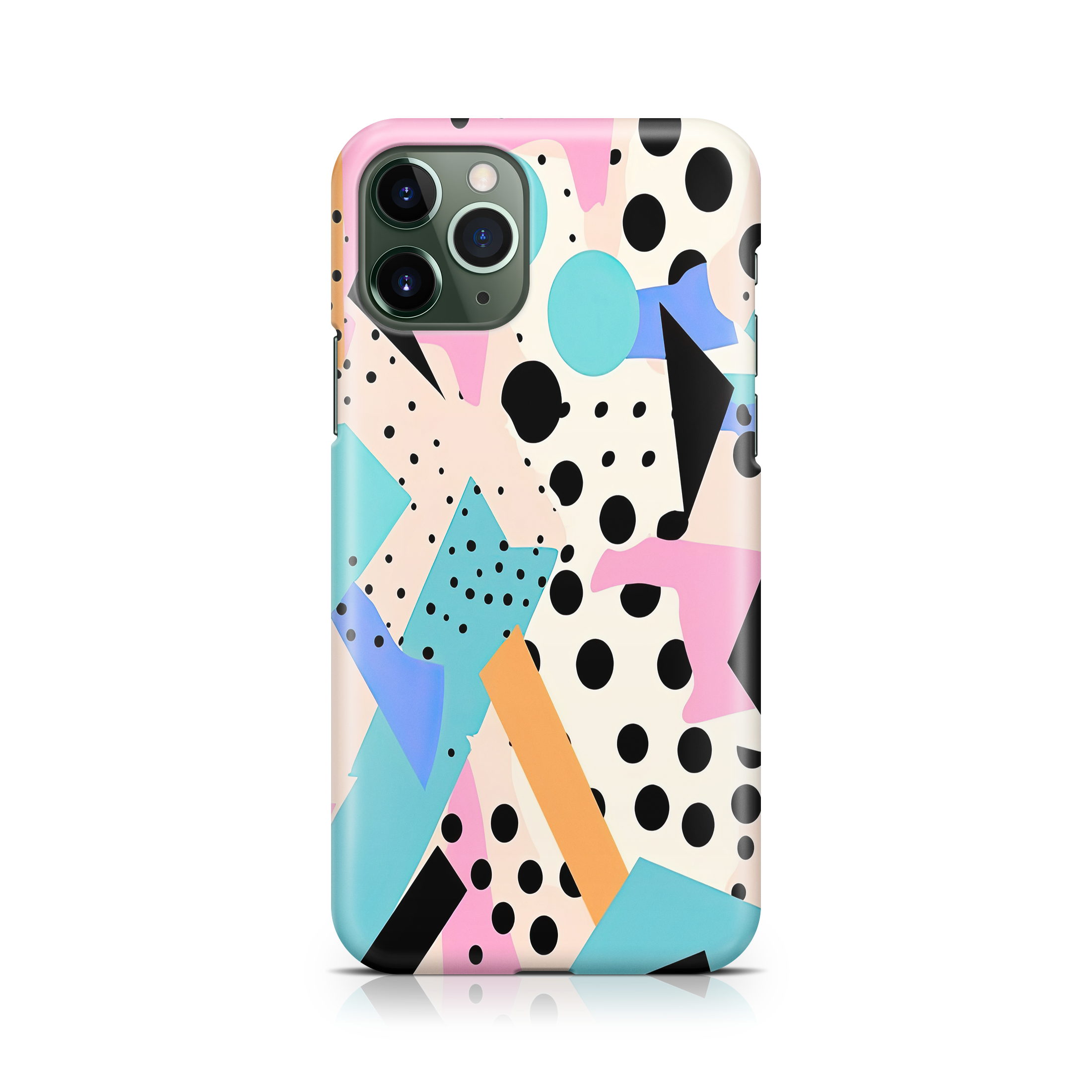 Phone case with a colorful geometric pattern on a white background
