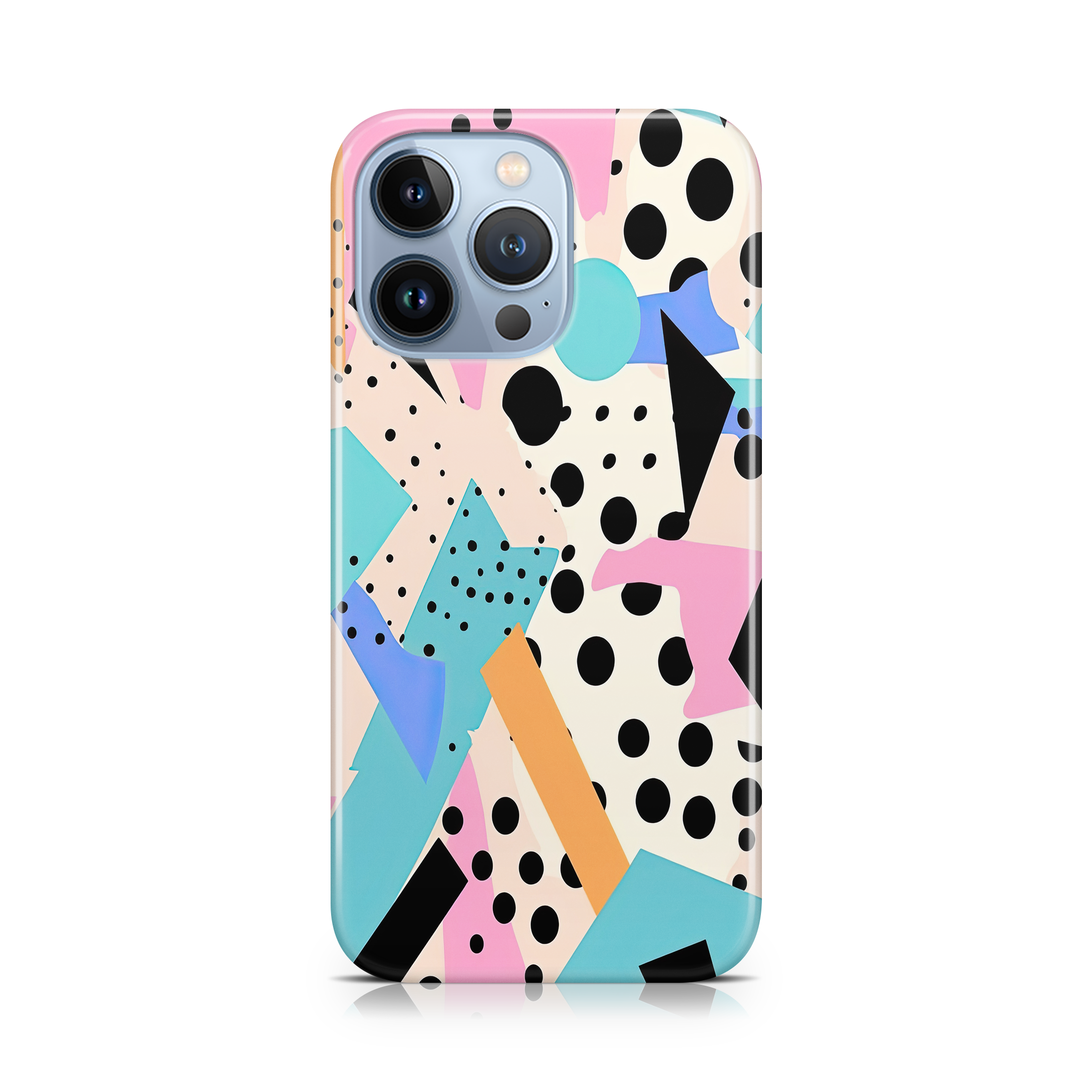 Phone case with a colorful geometric pattern on a white background